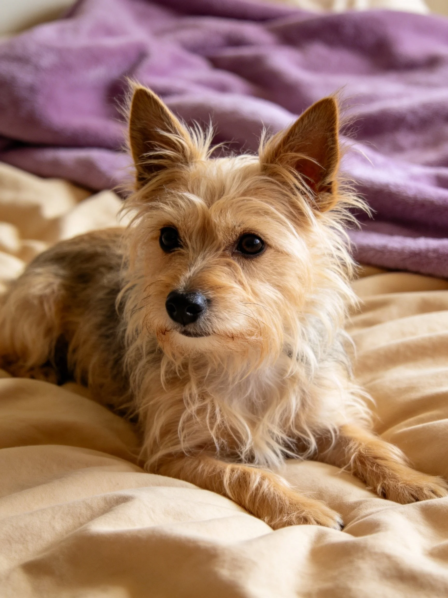 A small terrier relaxes on beige and purple bedding.
