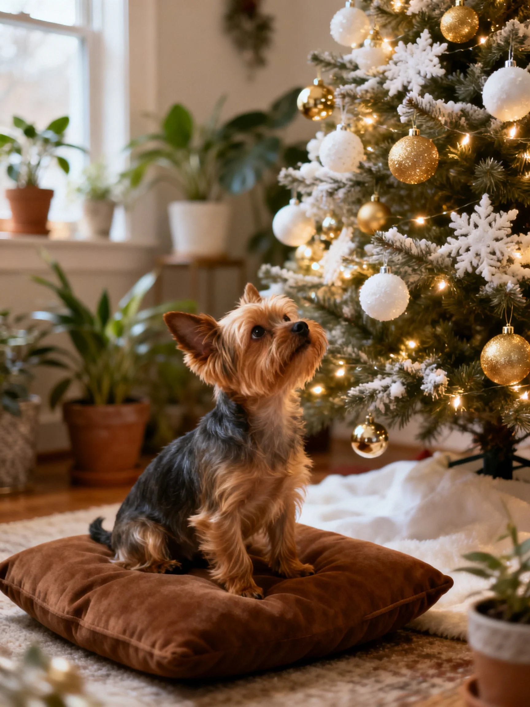 A small dog sits on a cushion next to a decorated Christmas tree in a cozy room.