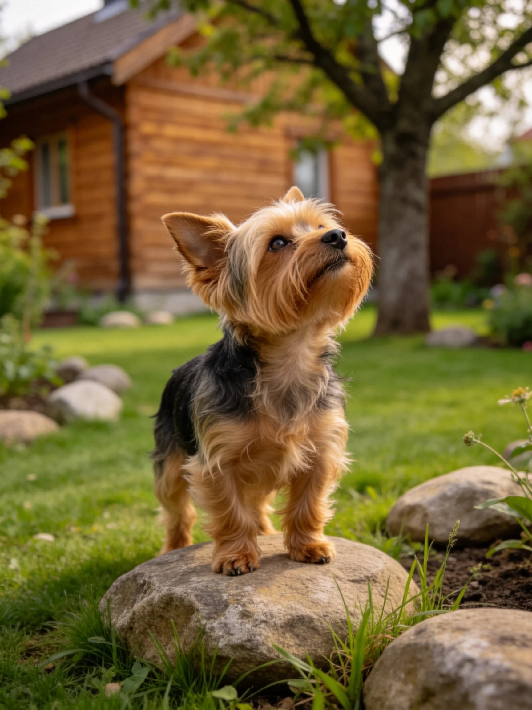 A small terrier stands on a rock in a landscaped yard with a wooden house nearby