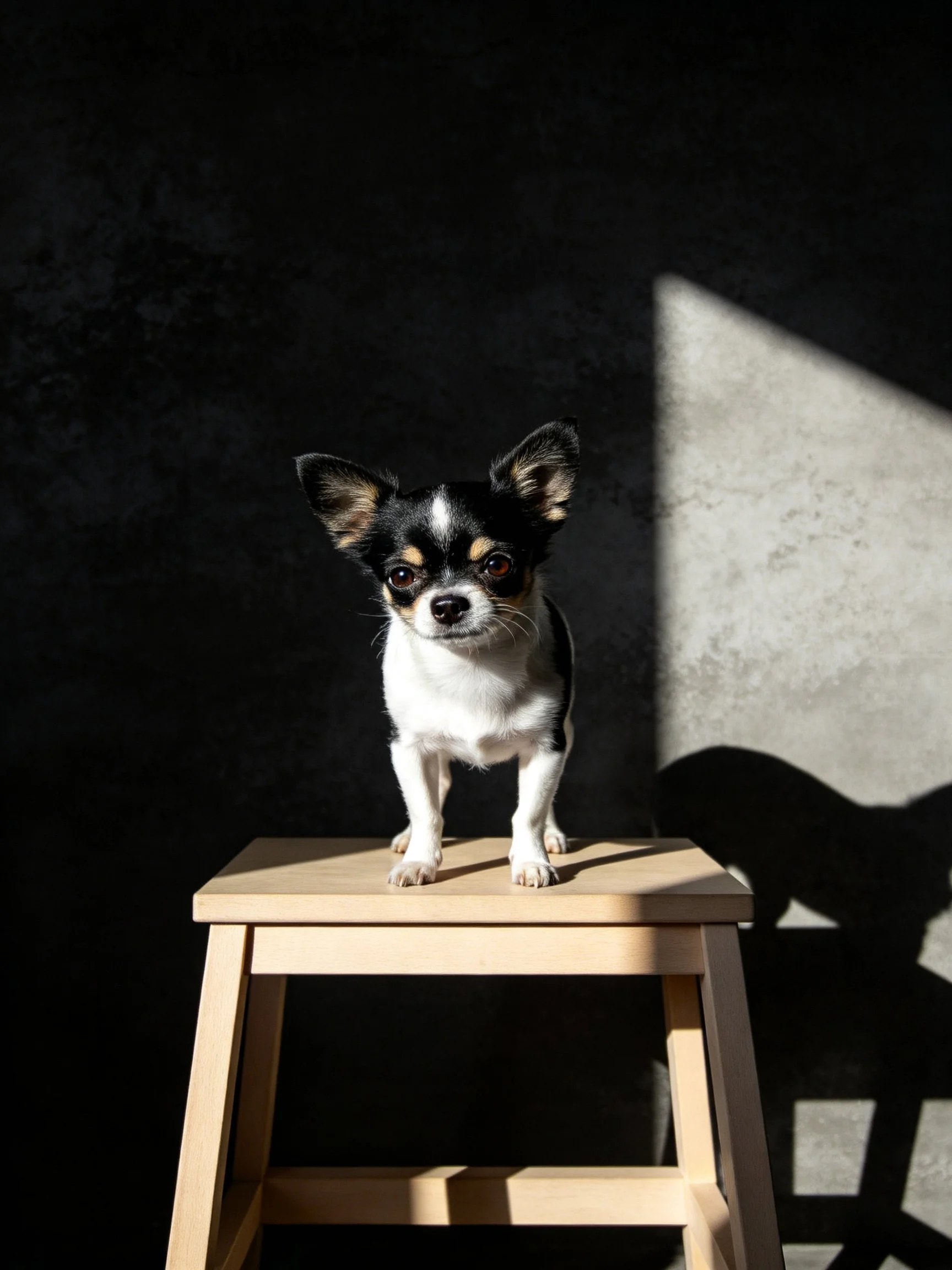 A small tri - colored Chihuahua stands on a light wood stool by a dark wall