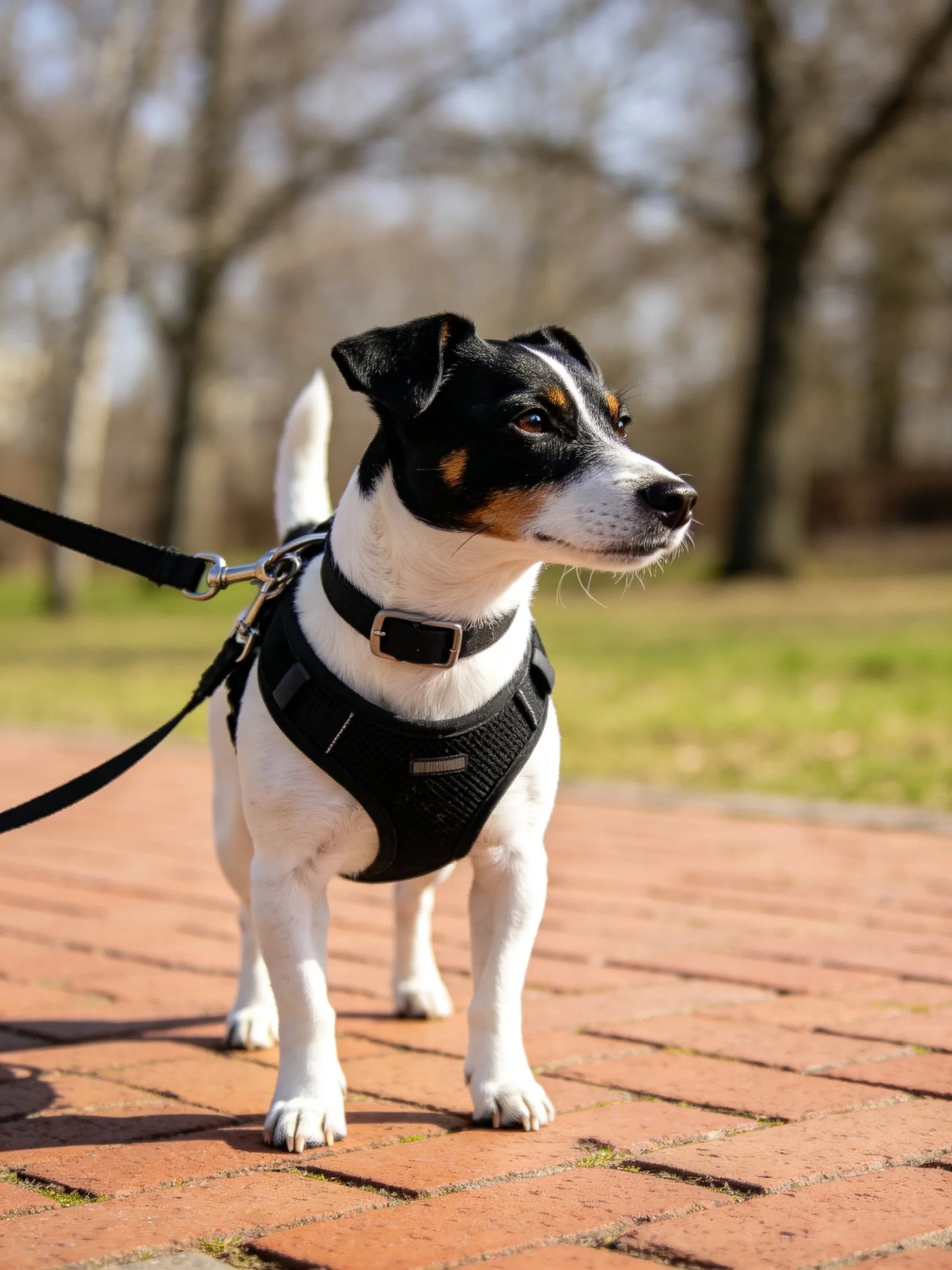 A small tri-colored dog in a harness stands on a brick path.