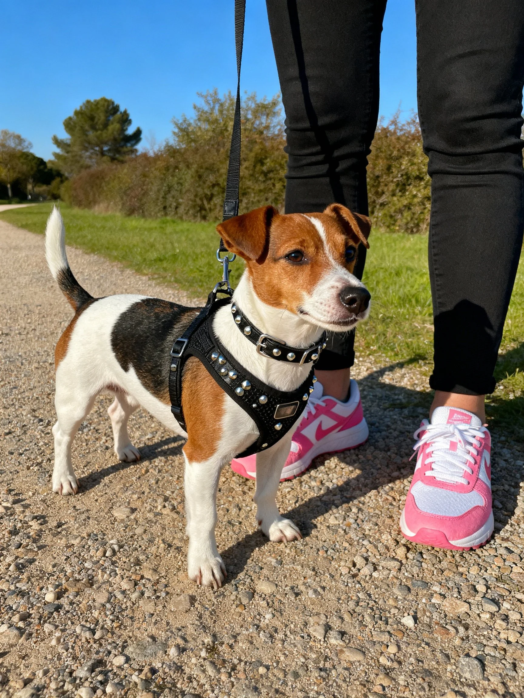 A small tri - colored dog stands beside someone in pink sneakers on a gravel path.