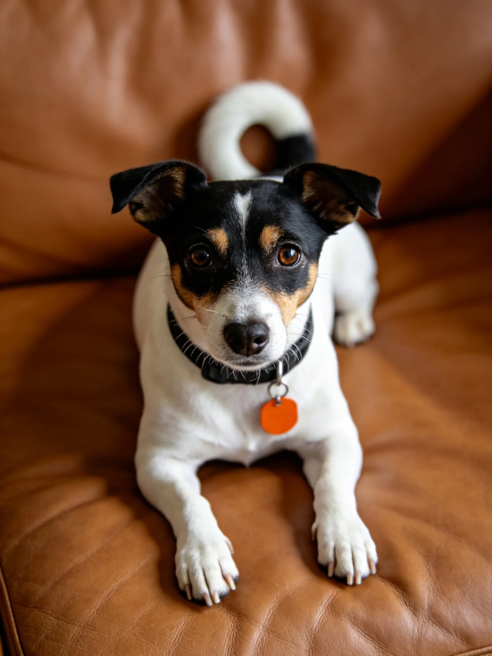 A small tri-colored dog relaxes on a brown leather couch.