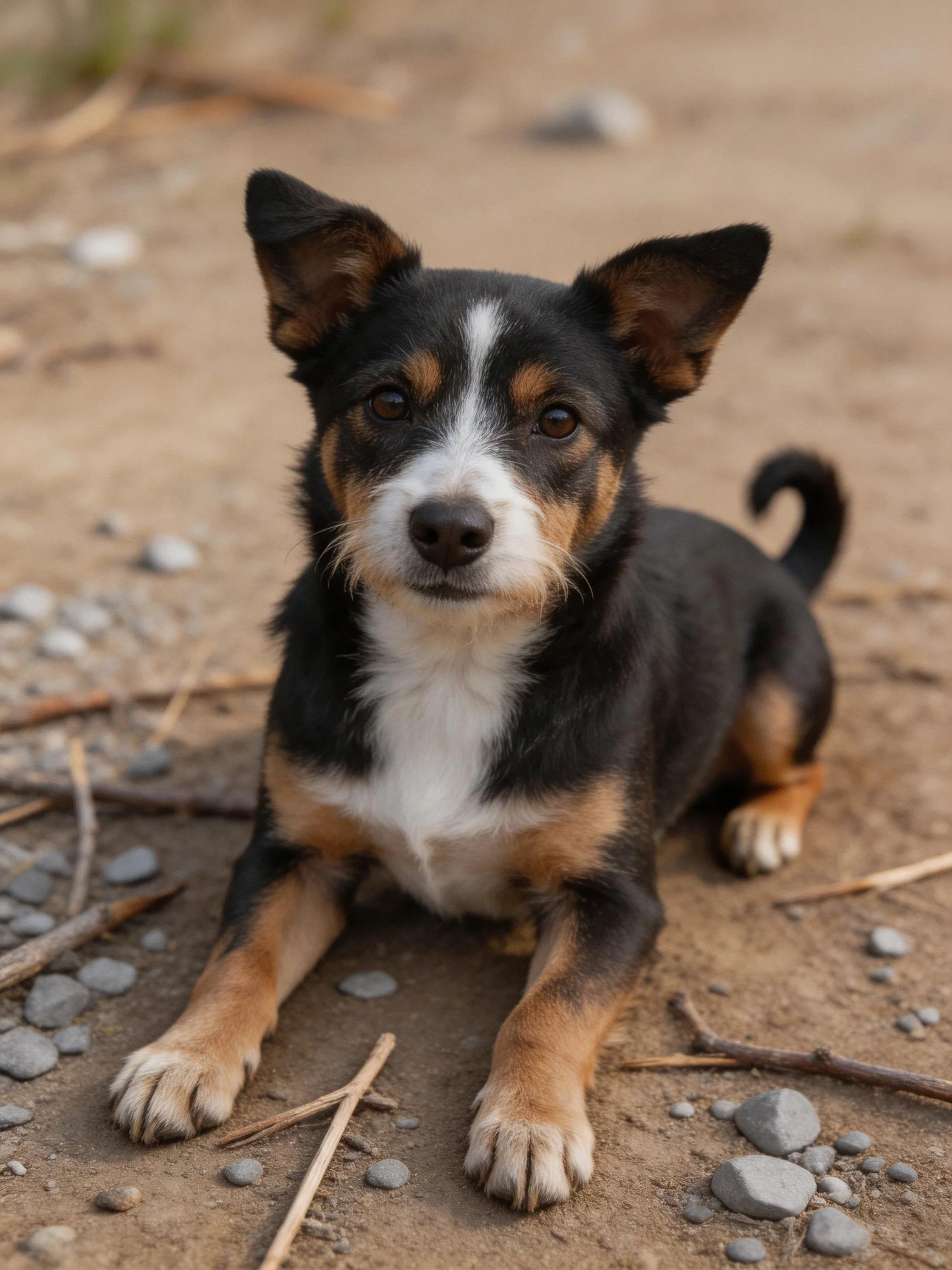 A small tri-colored dog rests calmly among pebbles on sandy terrain.