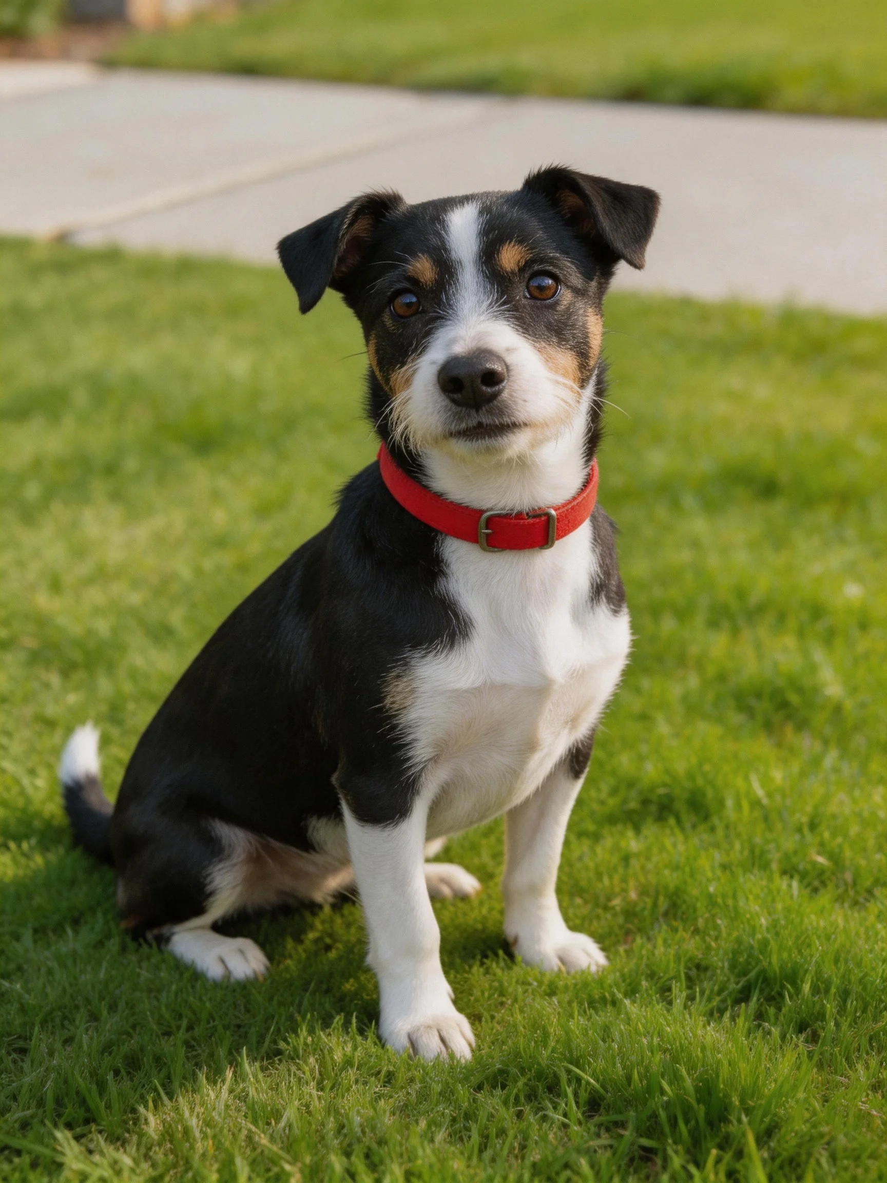 A small tri-colored dog with a red collar sits on green grass.