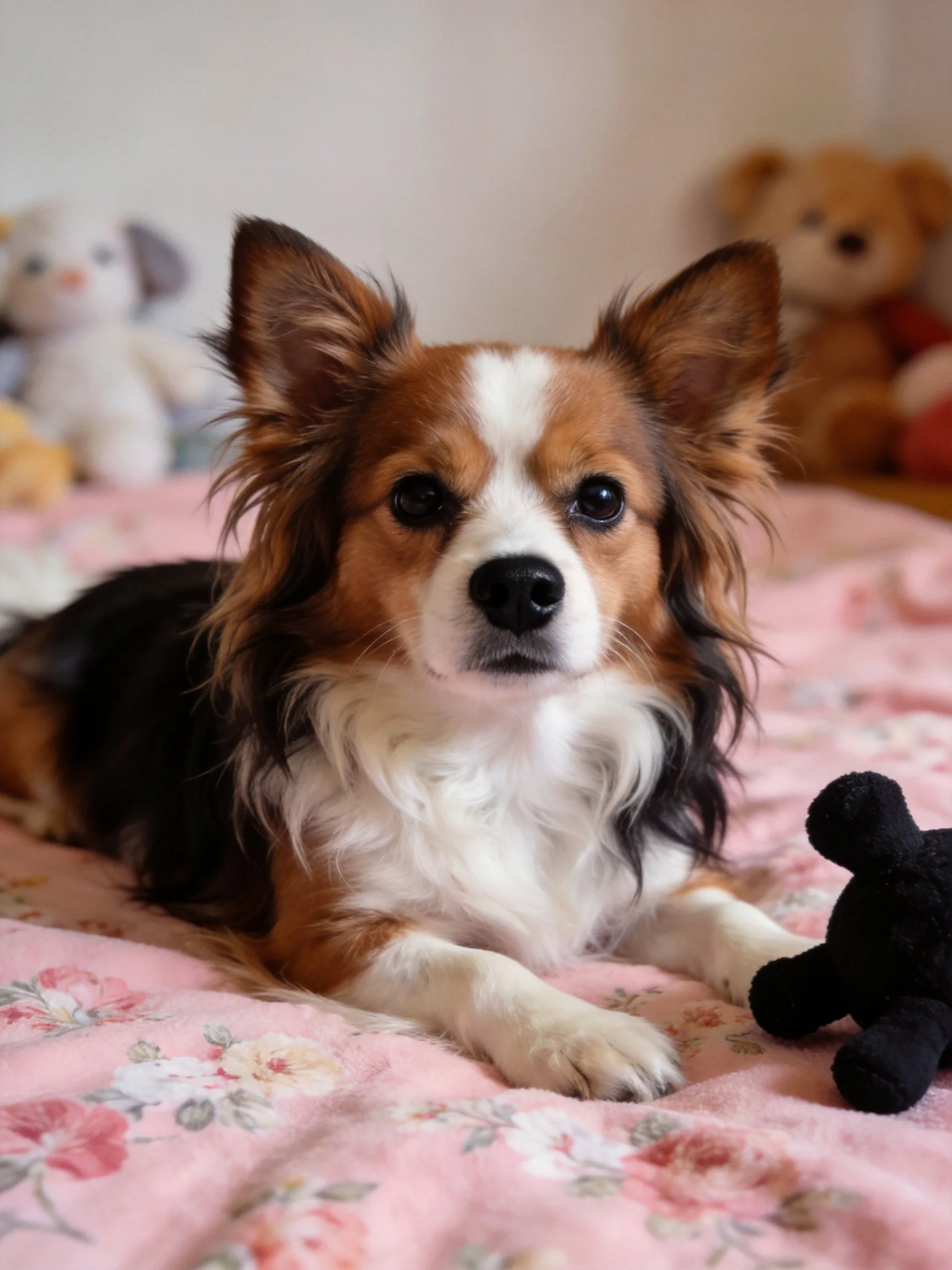 A small dog relaxes on a pink floral bed surrounded by stuffed toys.