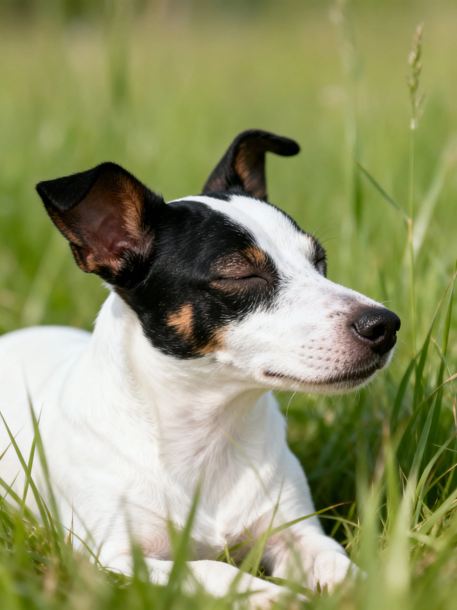 A small tricolor dog rests peacefully in tall green grass.