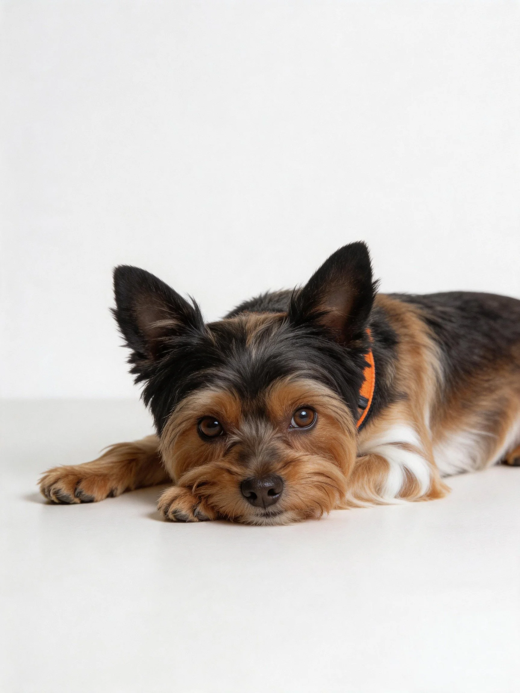 A small tricolor dog lies calmly with an orange collar on a white surface.