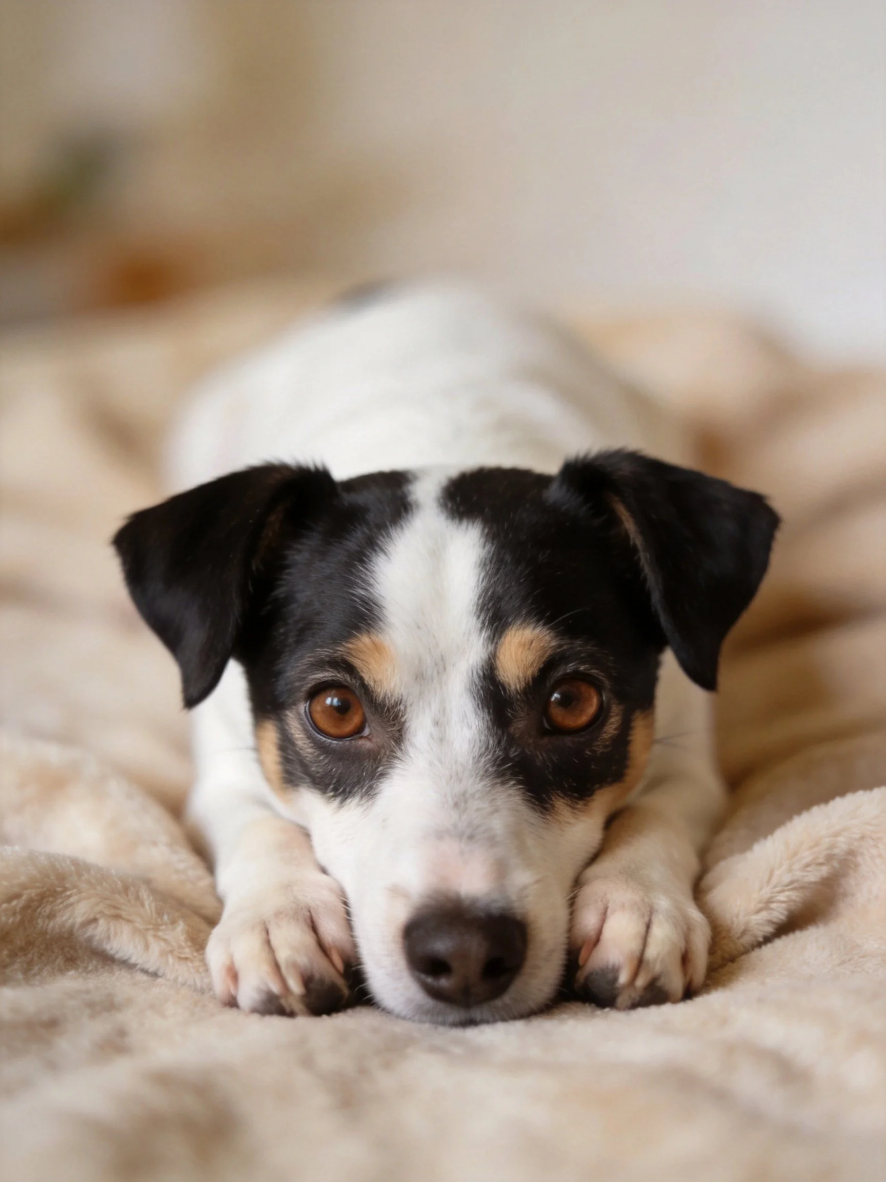 A tricolor dog lies calmly on a plush beige blanket.