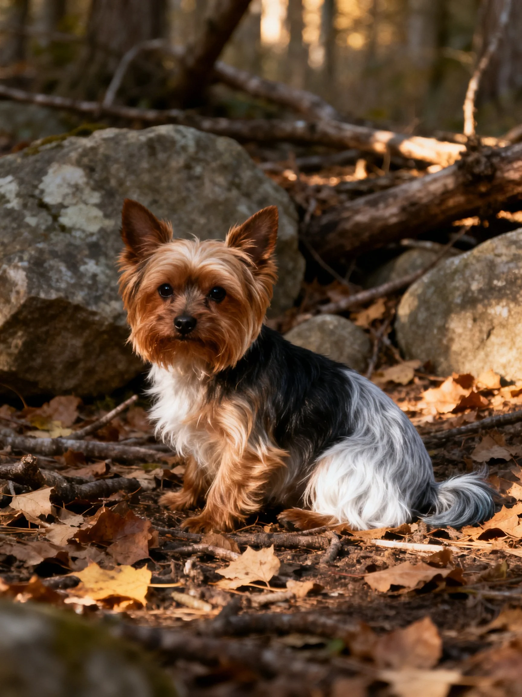 A small tricolor dog sits calmly among rocks and fallen autumn leaves.