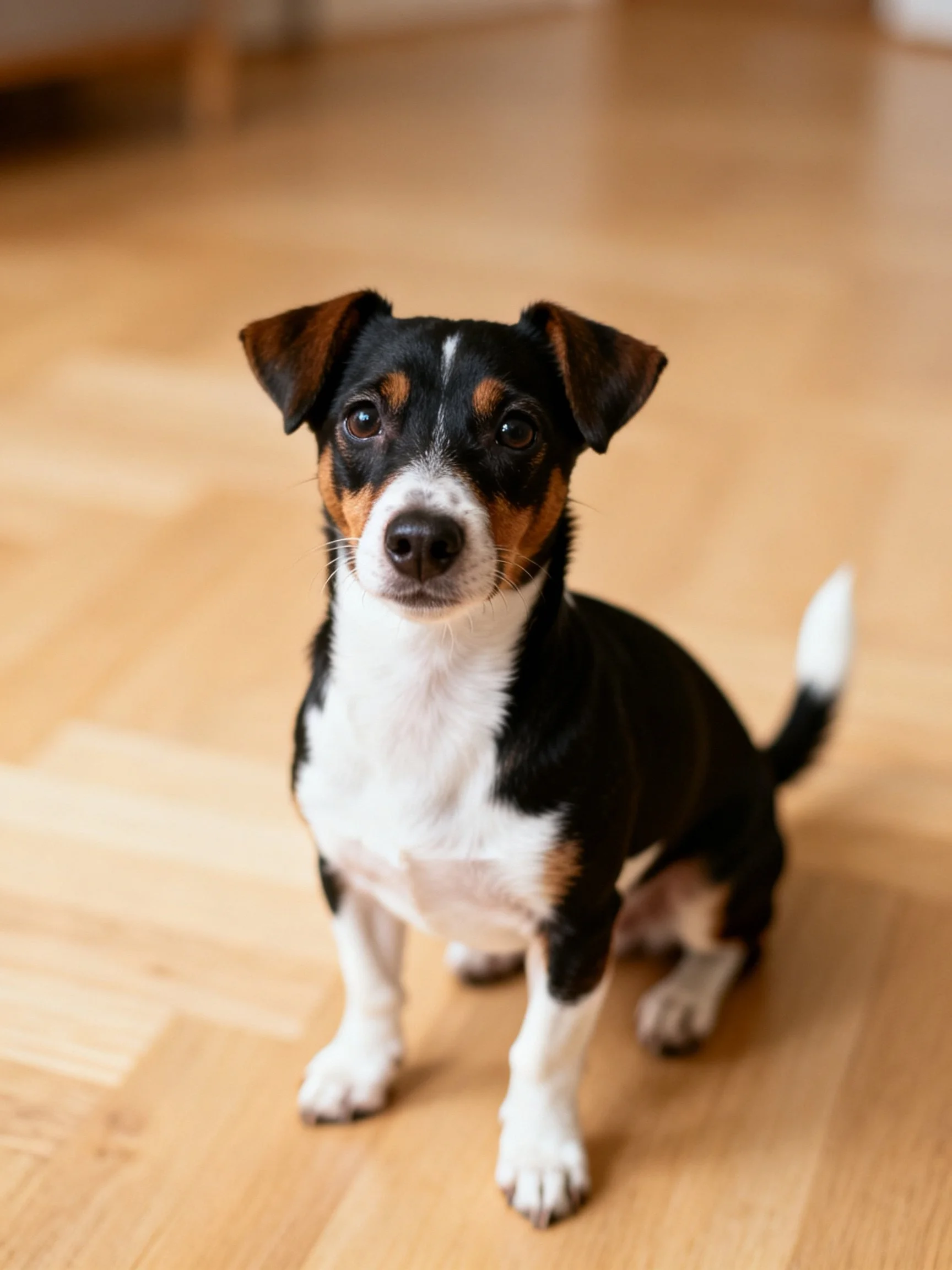 A small tricolor dog sits on a polished wooden floor.
