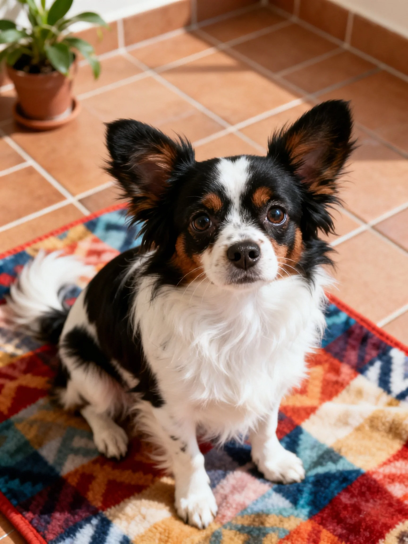 A small tricolor dog sits on a patterned rug in a tiled room.