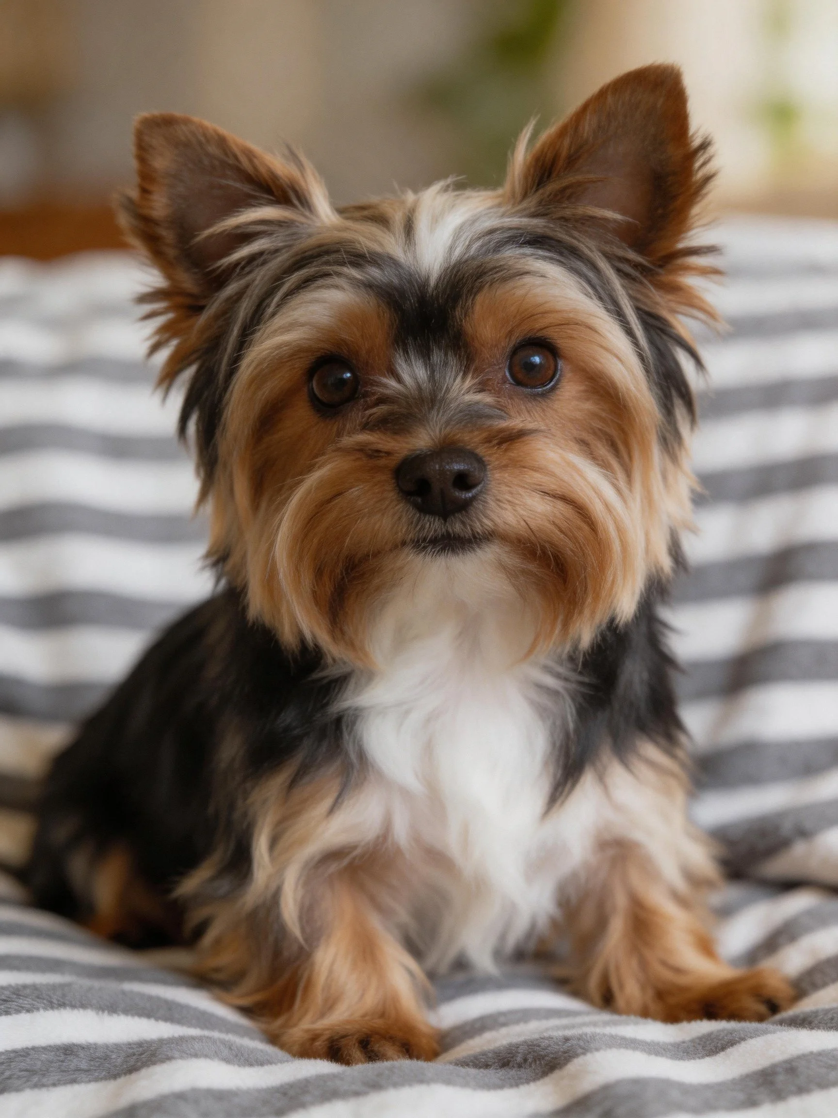 A small tricolor dog sits on a gray and white striped blanket