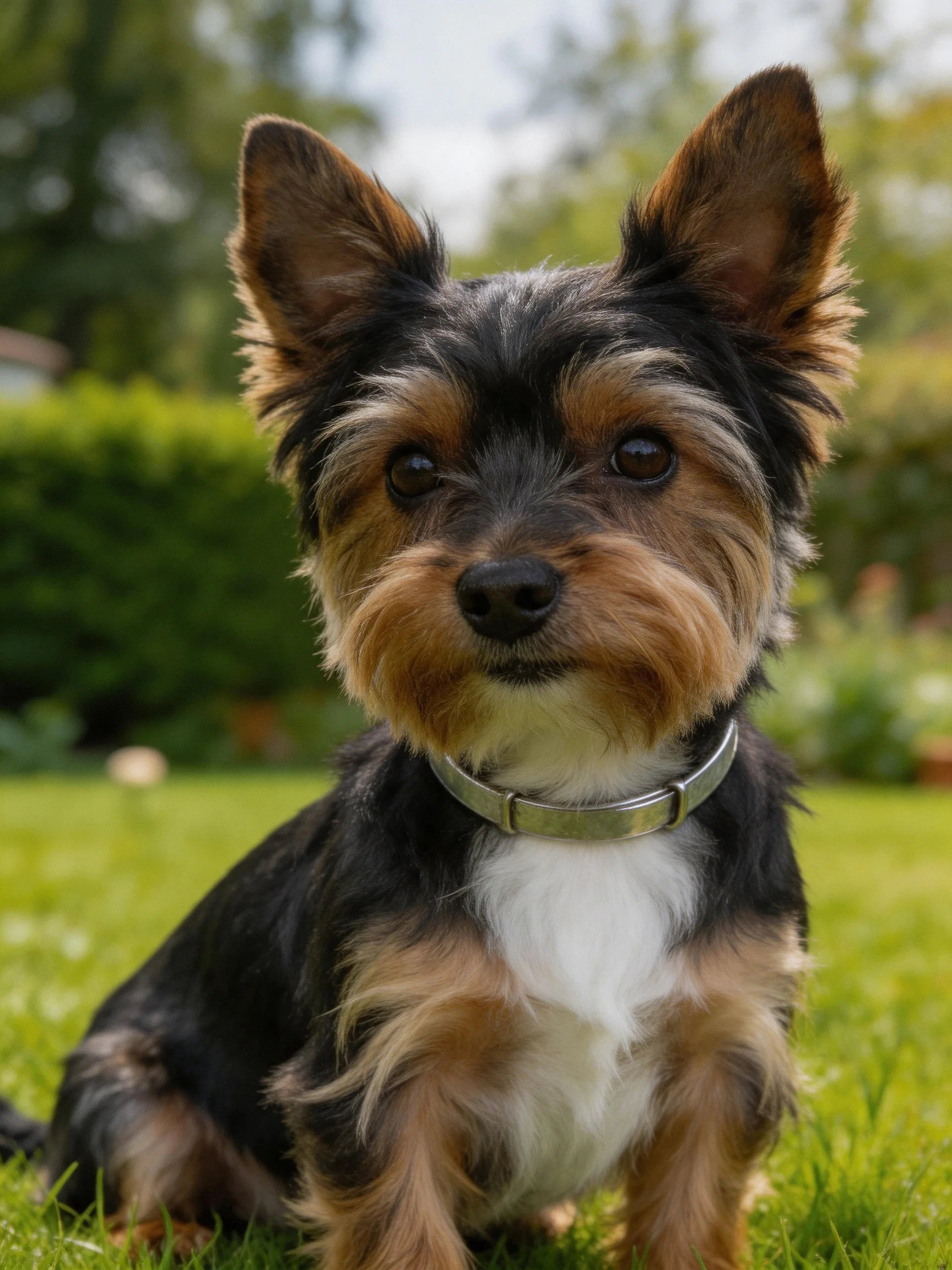 A small tricolor dog sits calmly on grass in a sunlit outdoor area.