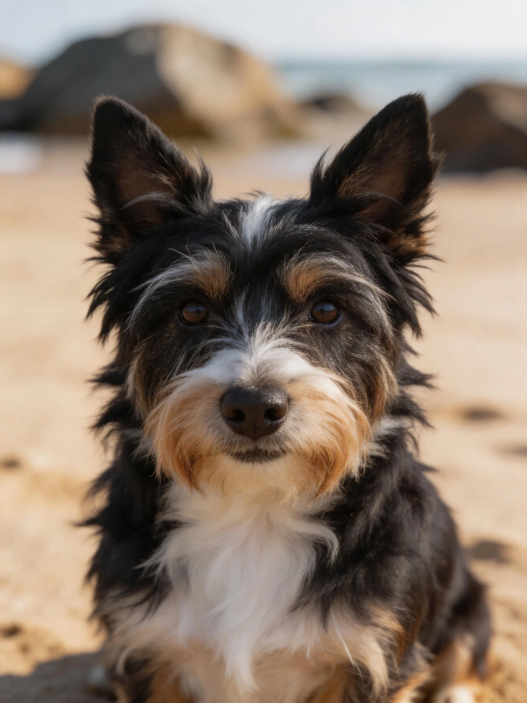 A small tricolor dog sits on sandy beach with rocky backdrop