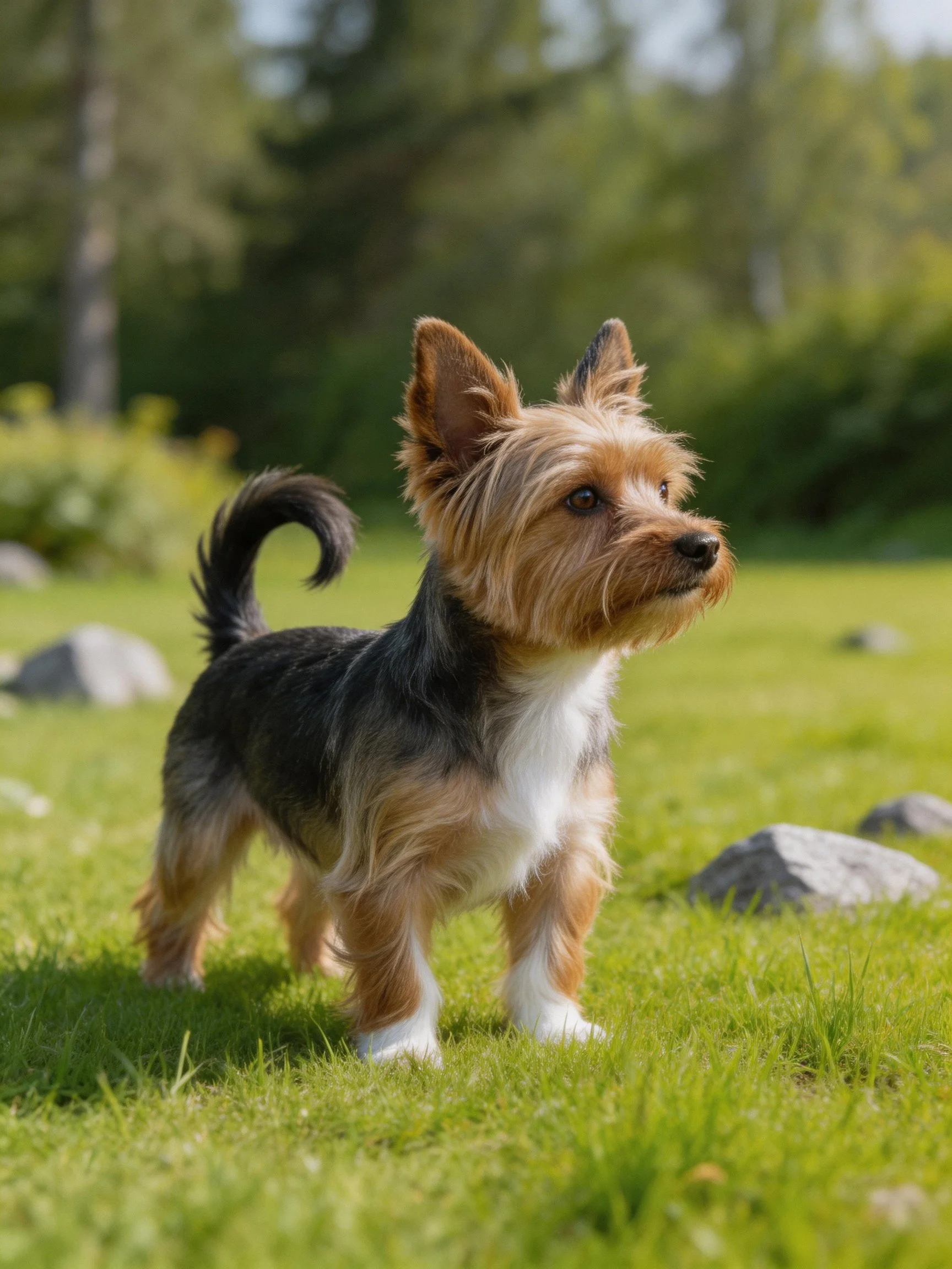 A small tricolor dog stands alert in a grassy area with rocks and trees.