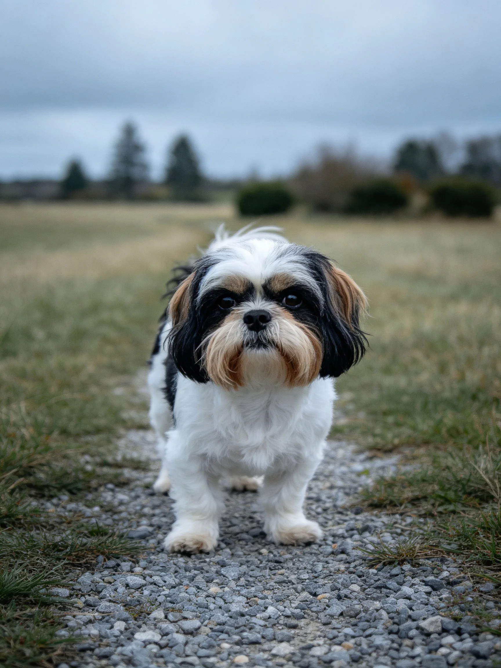 A small tricolor dog stands on a gravel path in an open grassy landscape.