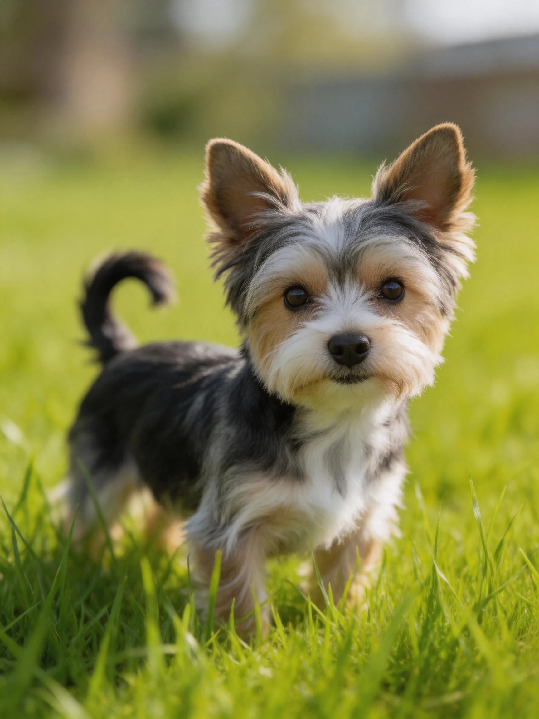 A small tricolor dog stands attentively on lush green grass.