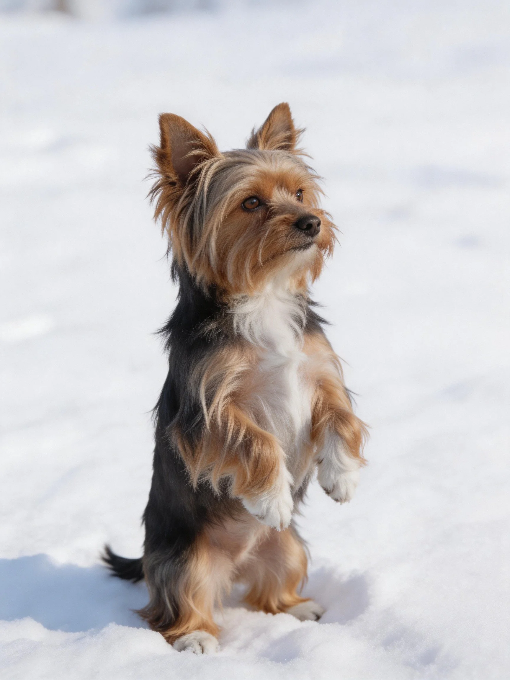 A small tricolor dog stands upright in a snowy outdoor area.