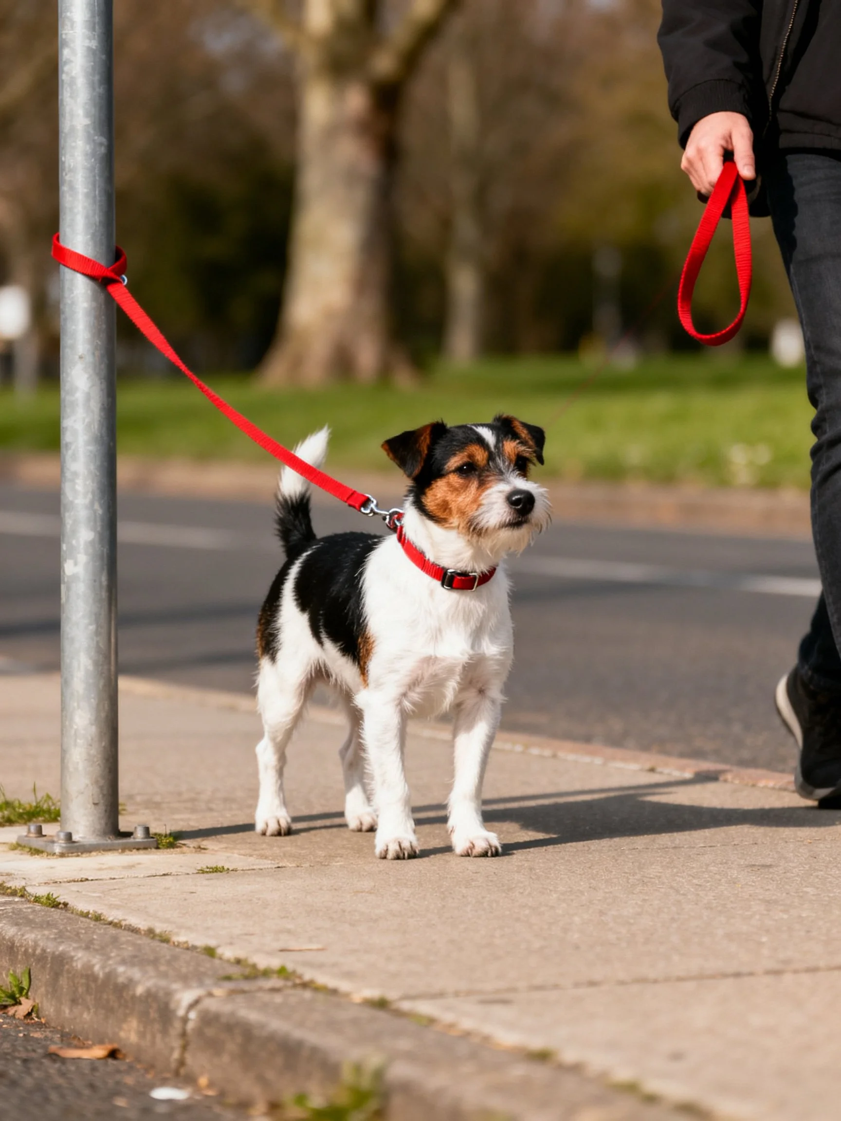 A small tricolor dog is tied to a metal pole with a red leash held by a person.