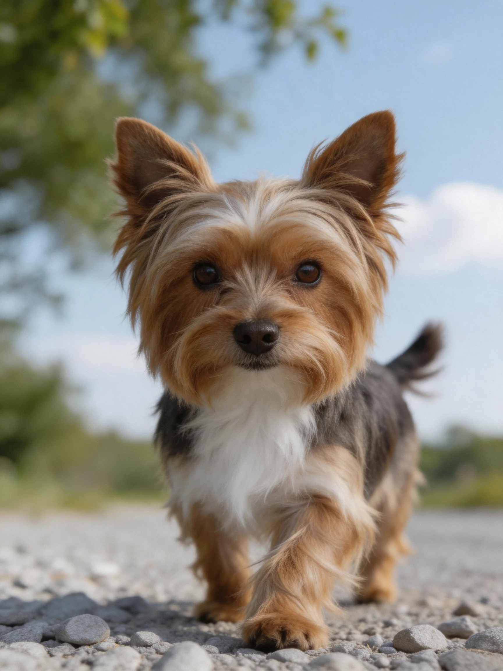 A small tricolor dog walks on a gravel path in an outdoor setting.