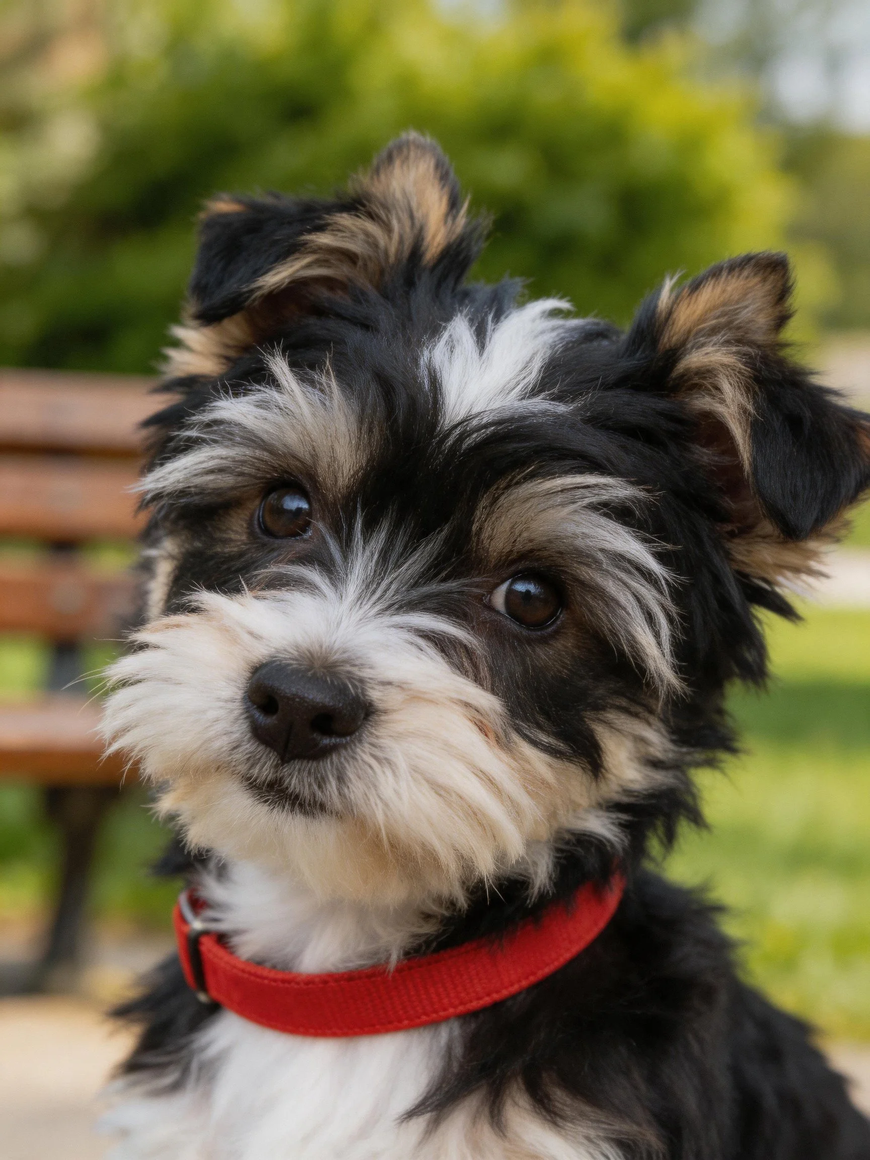 A small tricolor dog with a red collar sits in a sunny outdoor park setting.