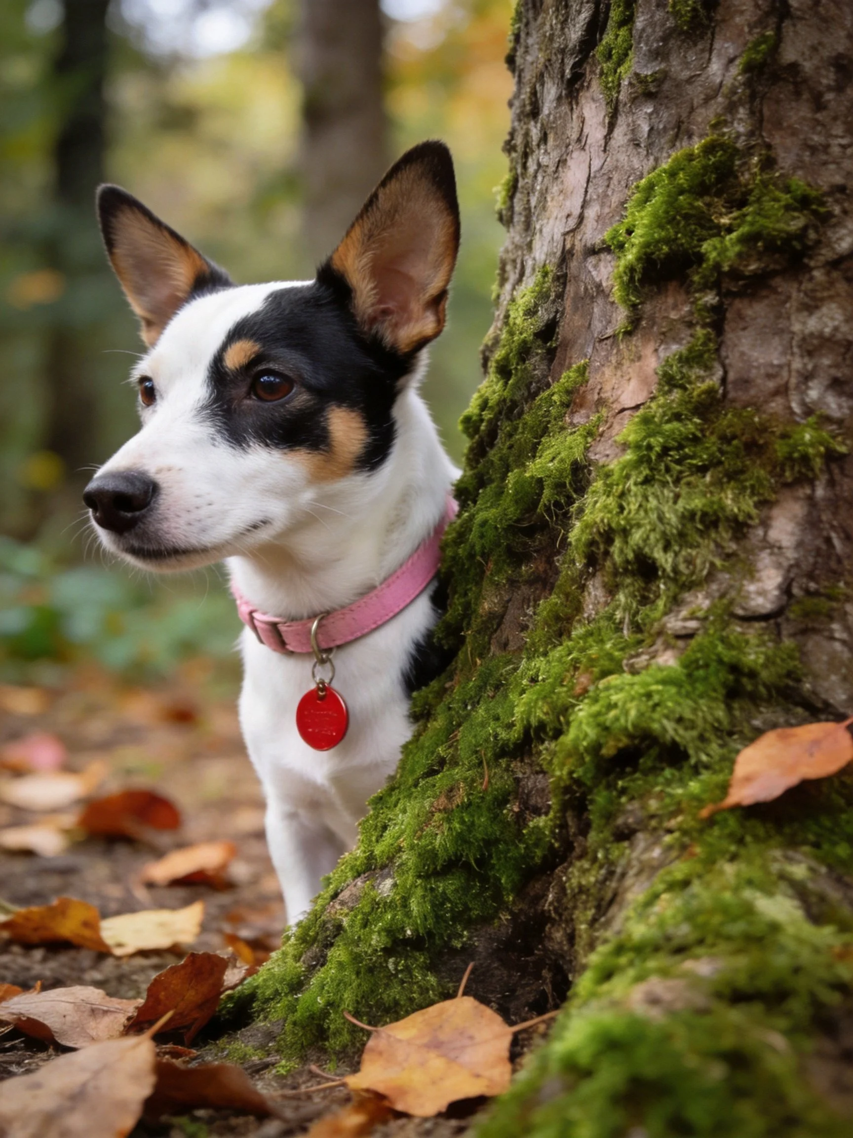 A small tricolor dog hides near a mossy tree trunk in a forest with fallen leaves.