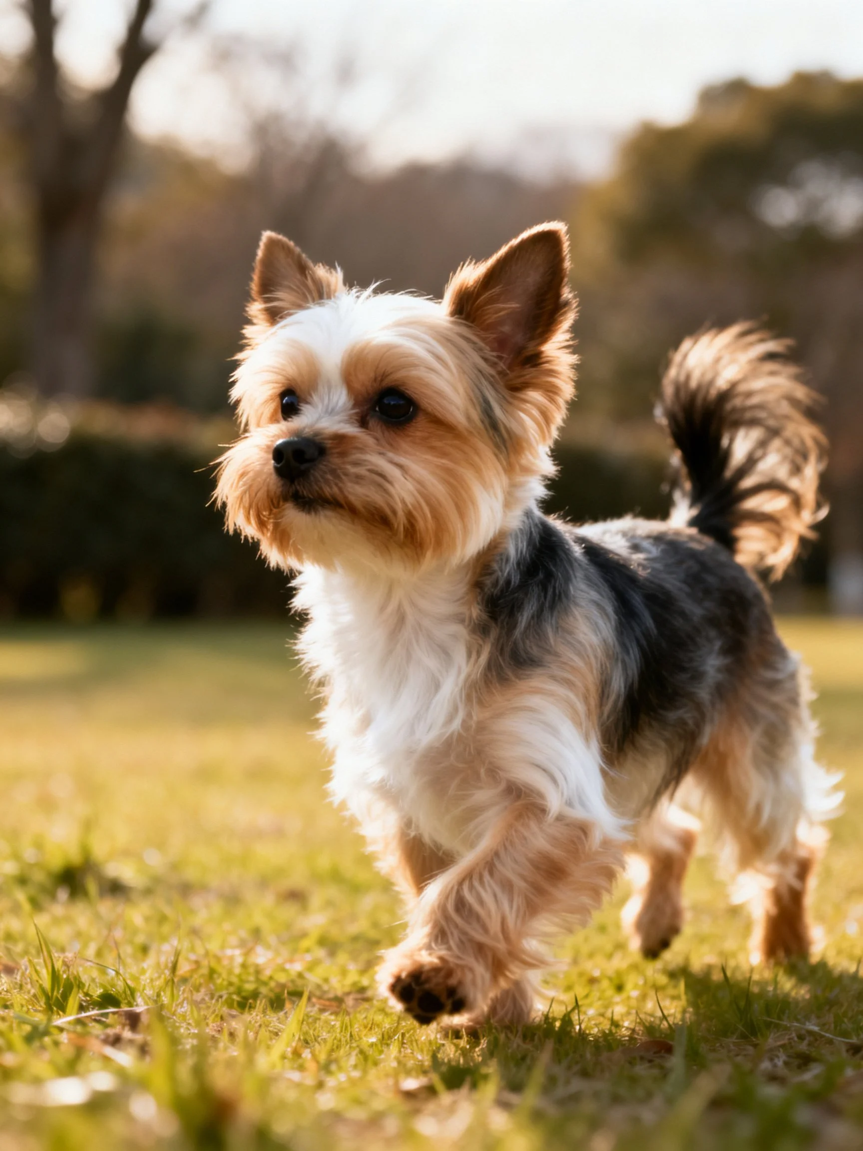 A small tricolor dog with long fur walks on grass in a sunny outdoor setting.