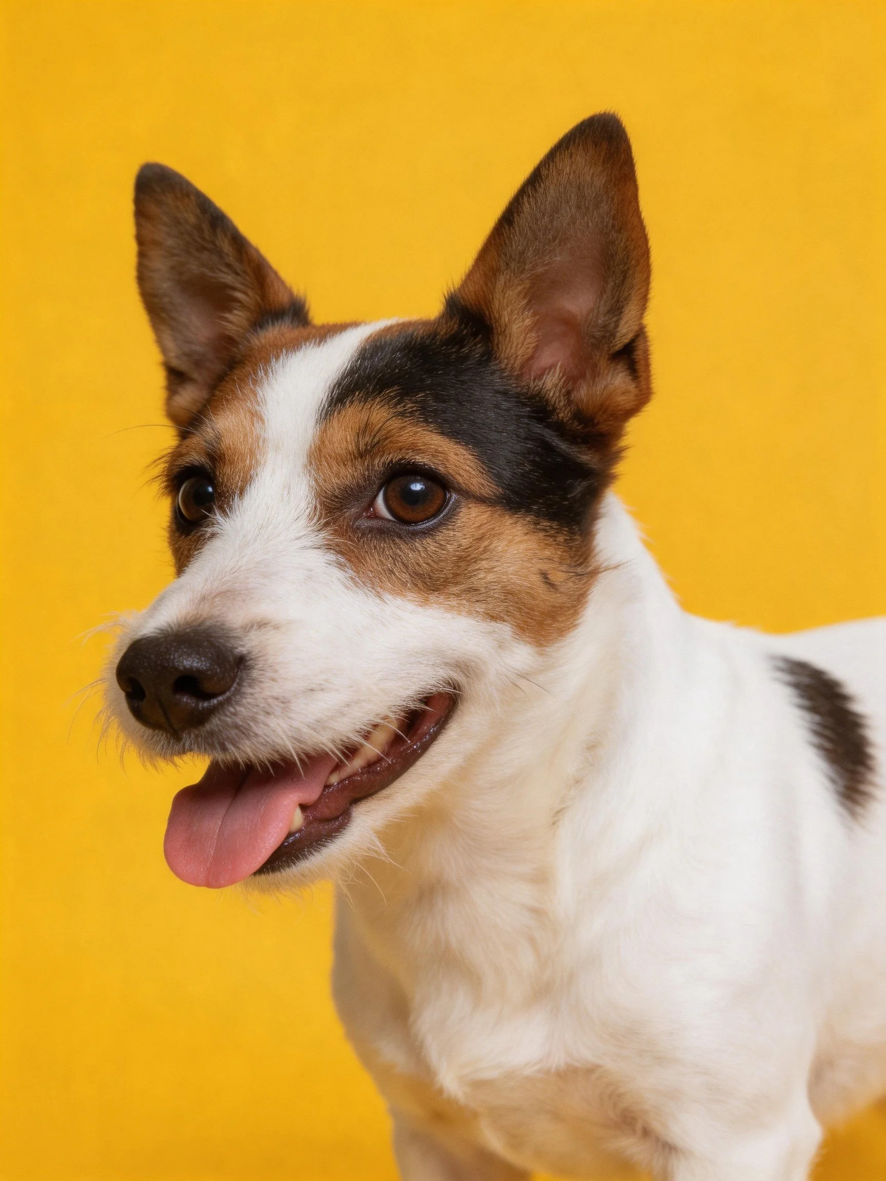 A small tricolor dog with upright ears on a bright yellow backdrop