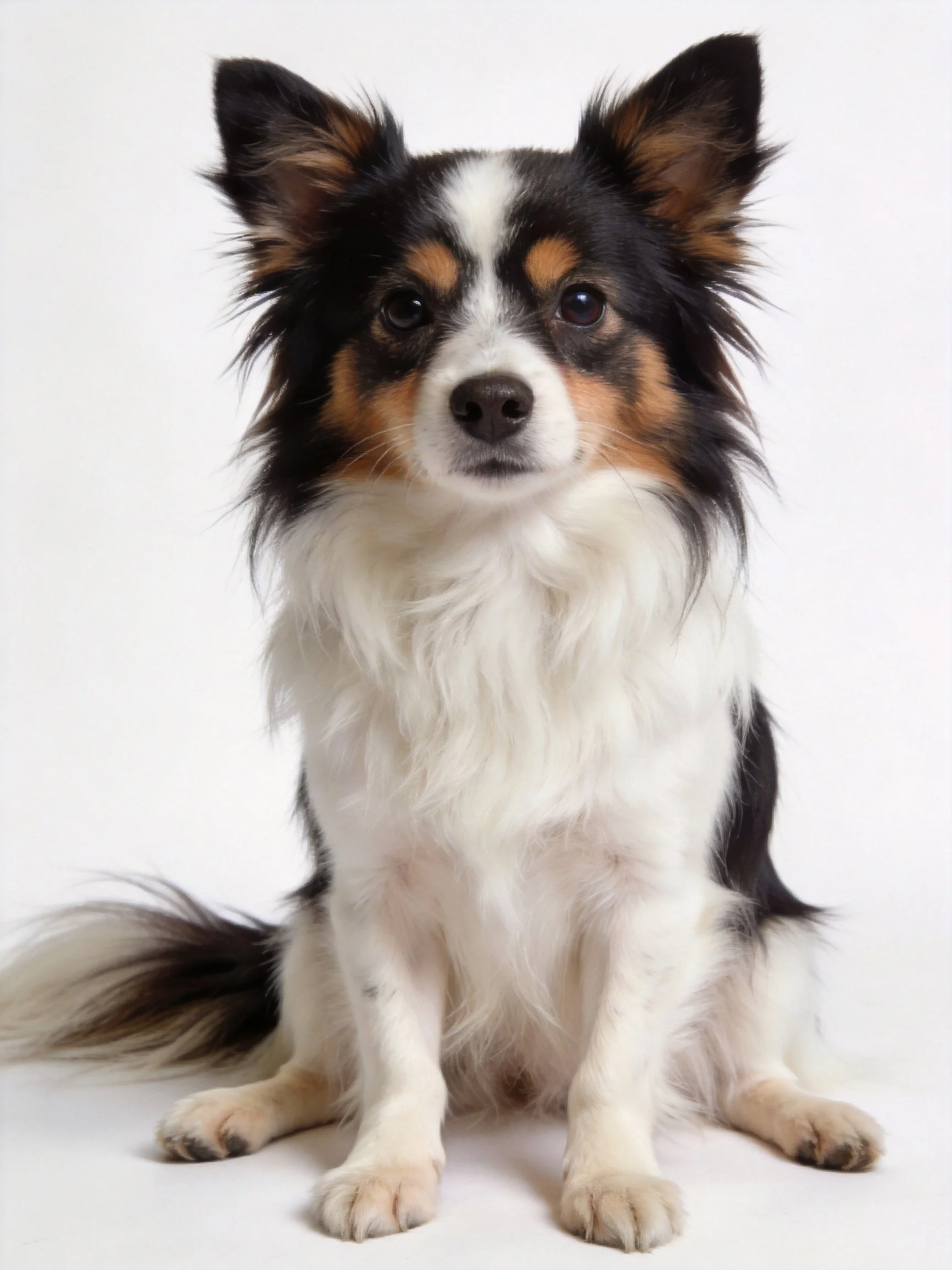 A small tricolor dog with upright ears sits on a white surface