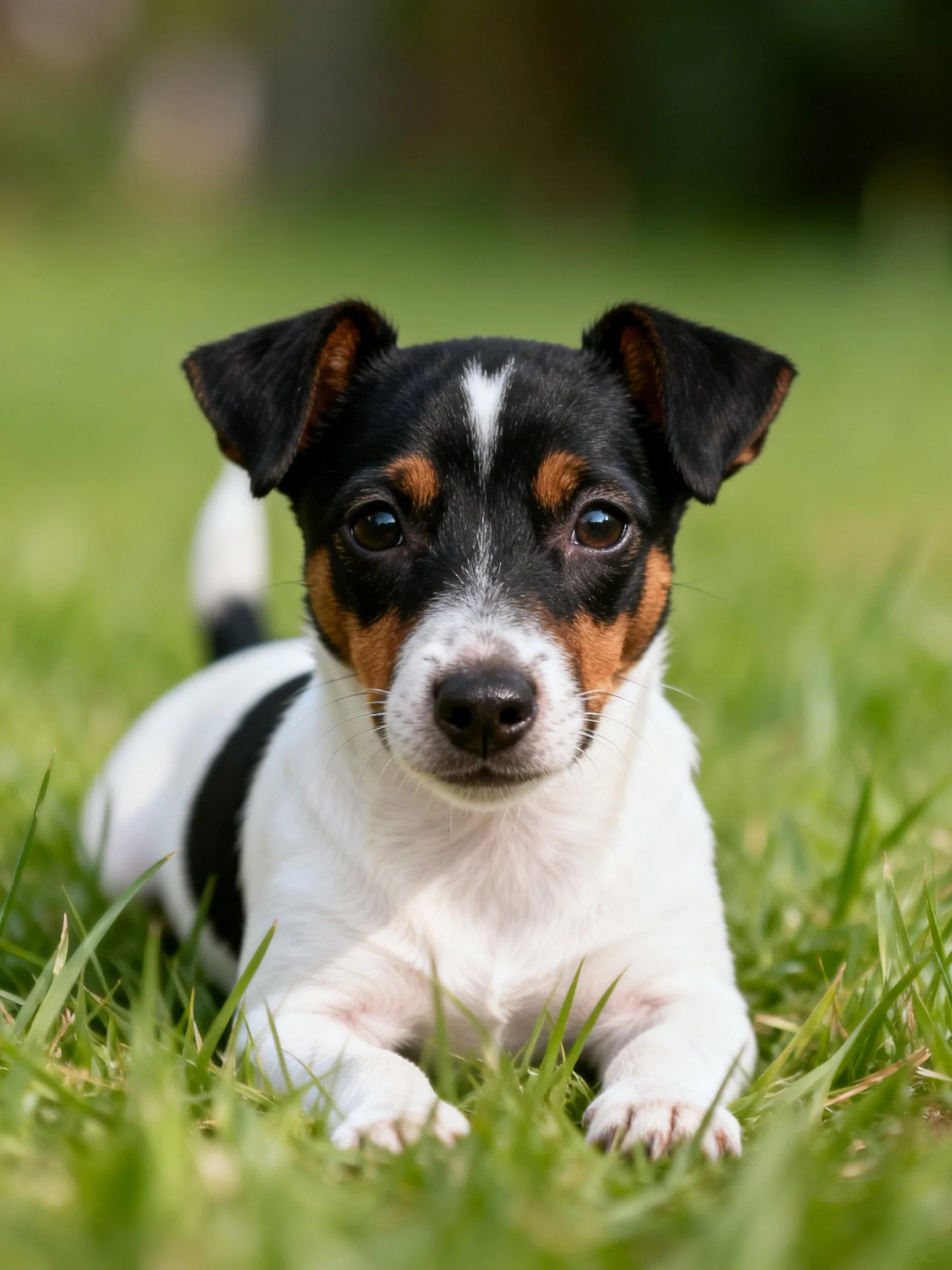 A small tricolor puppy lies calmly on vibrant green grass.