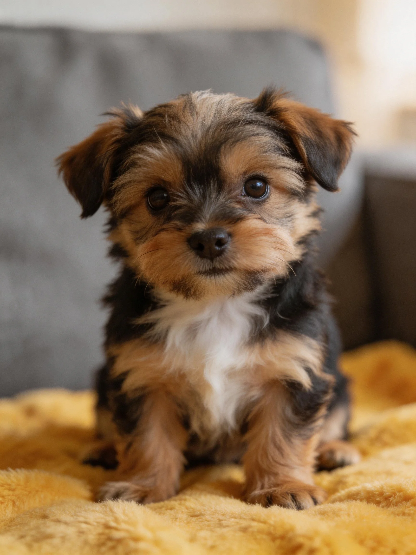 A small tricolor puppy rests on a yellow blanket with gray furniture nearby
