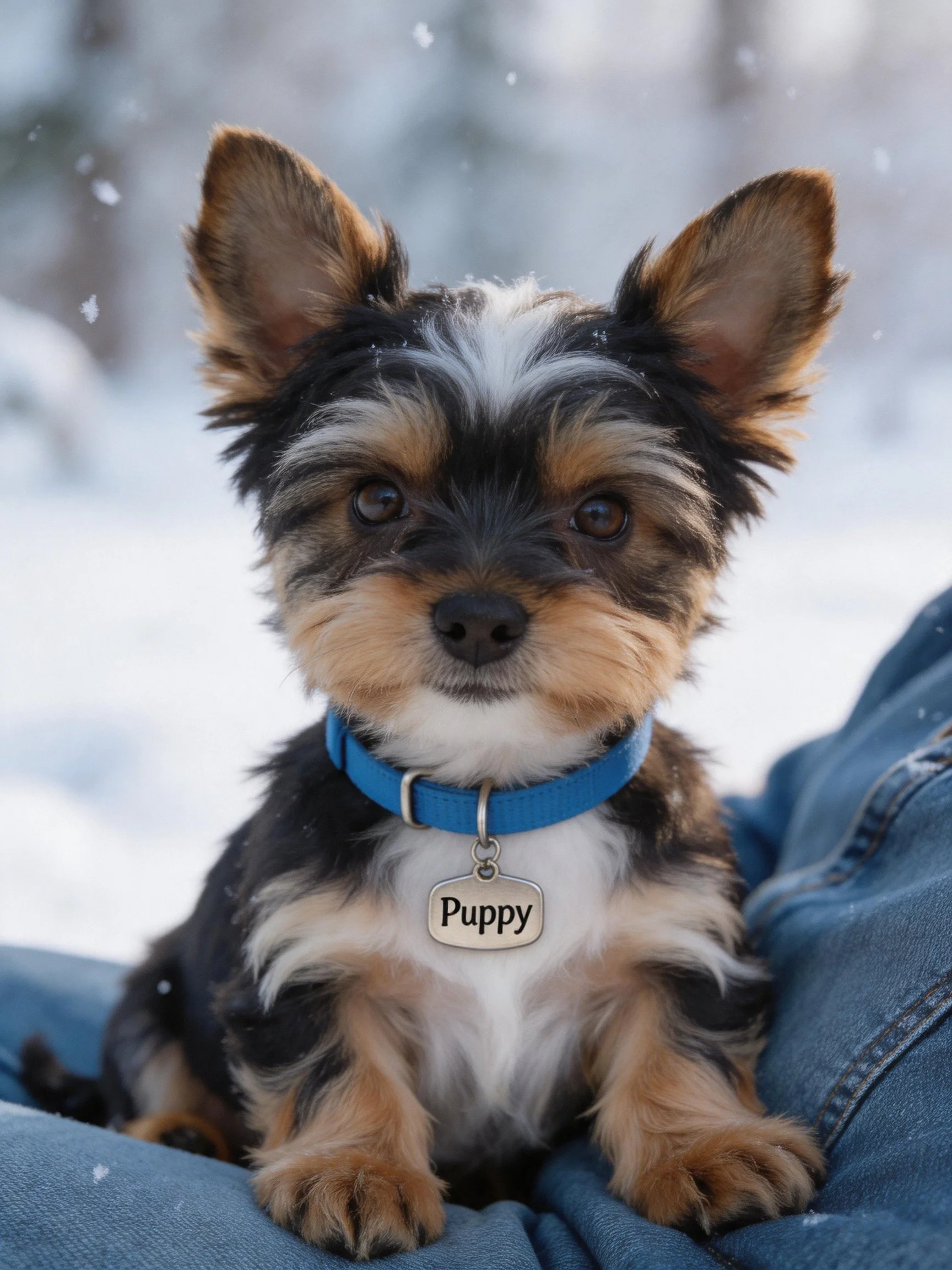A small tricolor puppy with a blue collar sits on jeans in a snowy setting.
