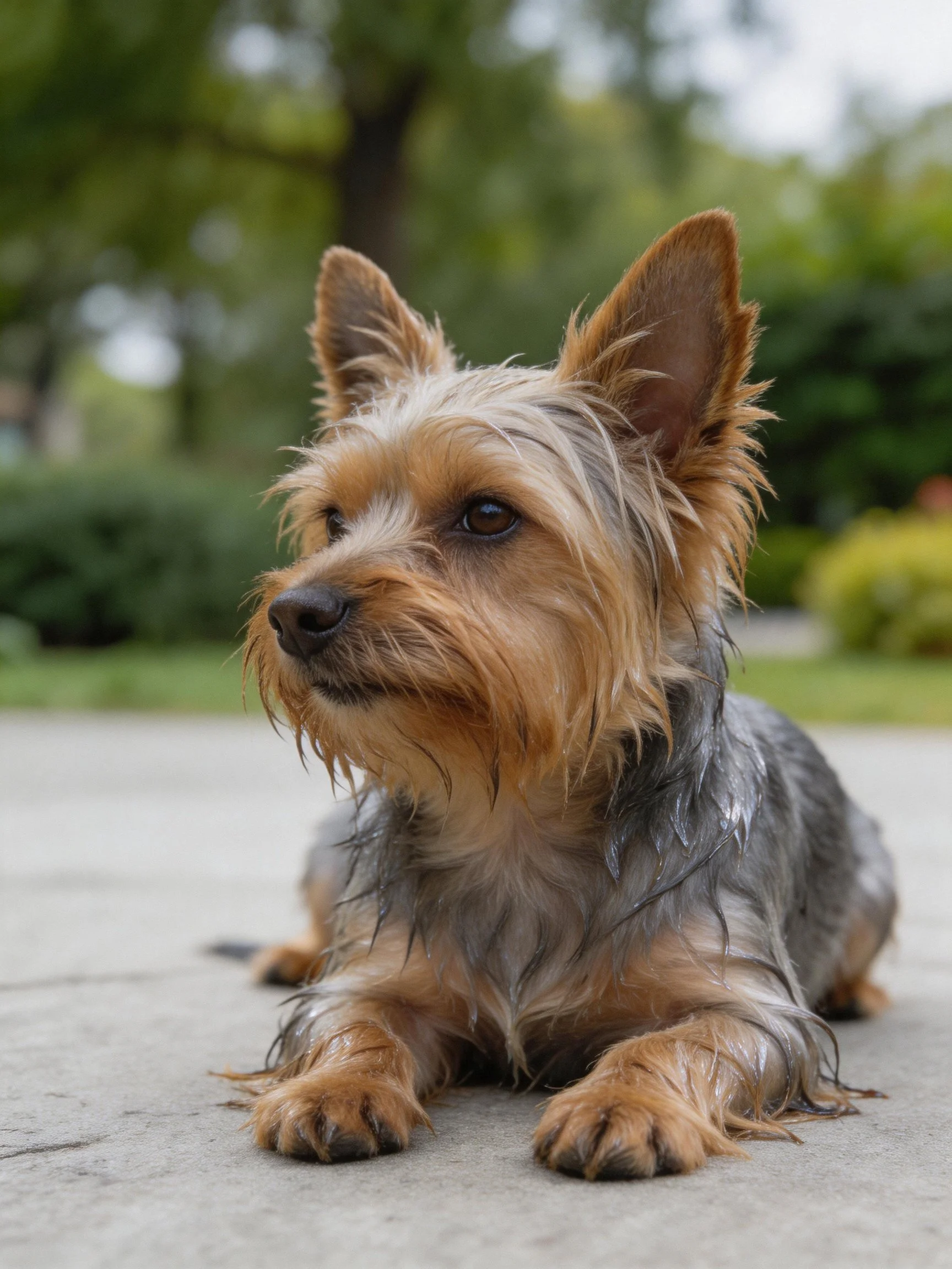 A small terrier dog rests on an outdoor pavement.