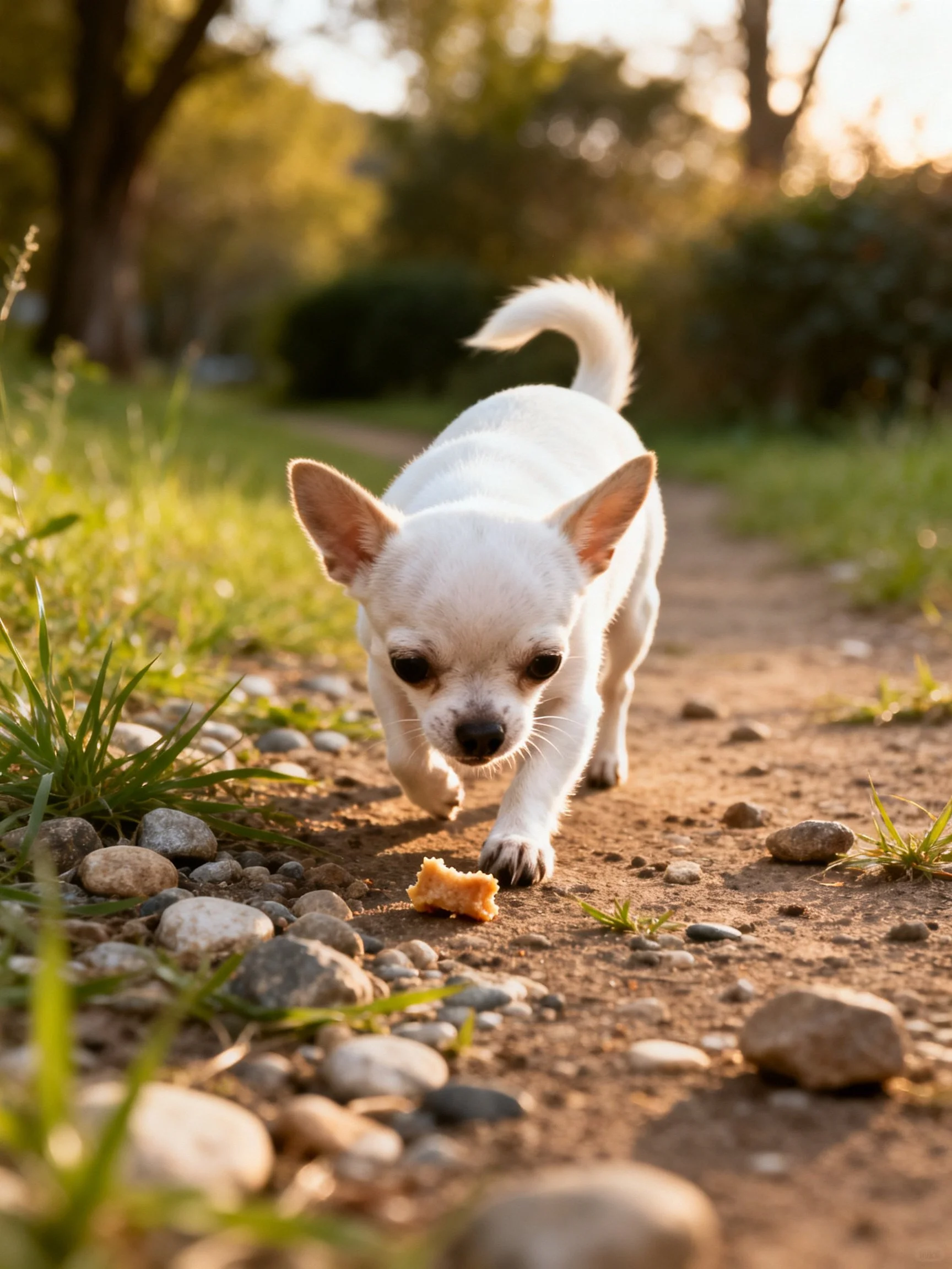 A small white dog investigates a treat on a rocky dirt path