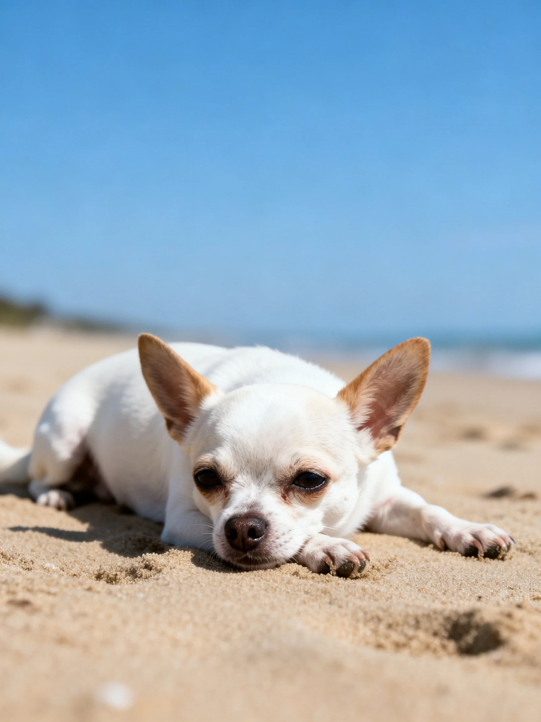 A small white Chihuahua relaxes on sandy beach sand under clear blue sky.