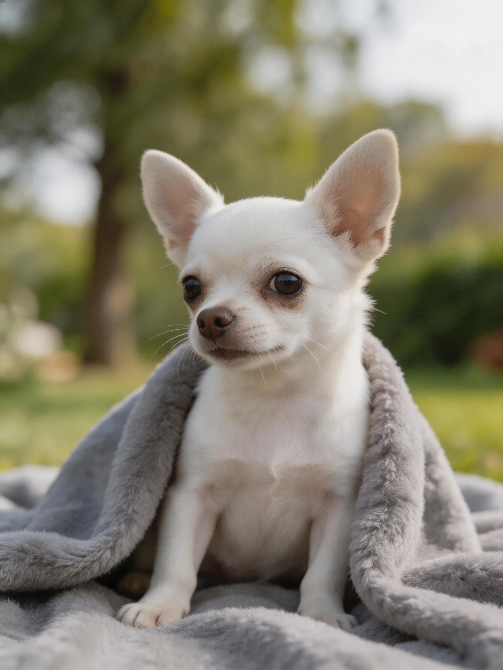 A small white Chihuahua puppy sits wrapped in a gray blanket outdoors.