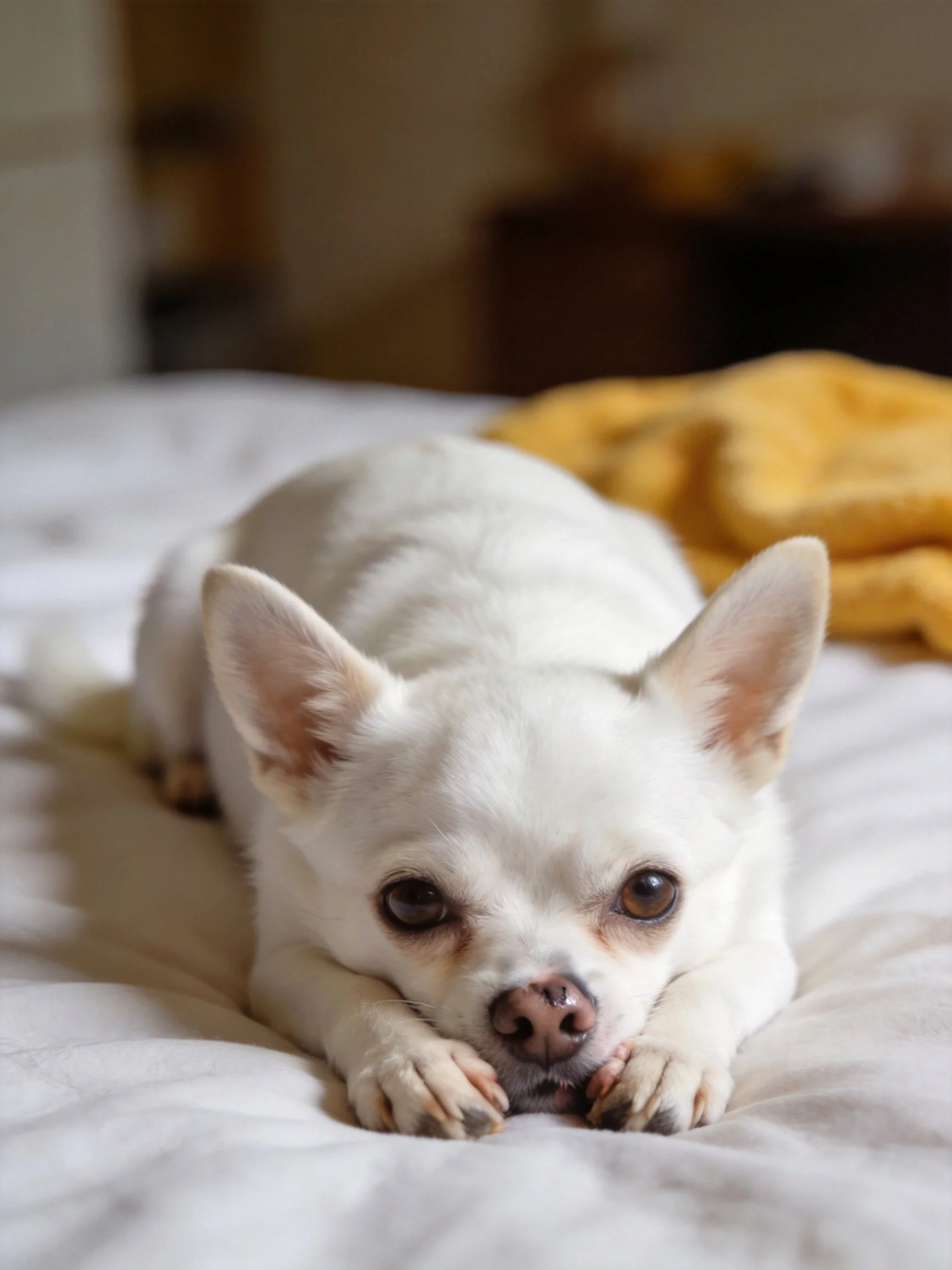A small white Chihuahua relaxes on a white bed beside a yellow blanket.