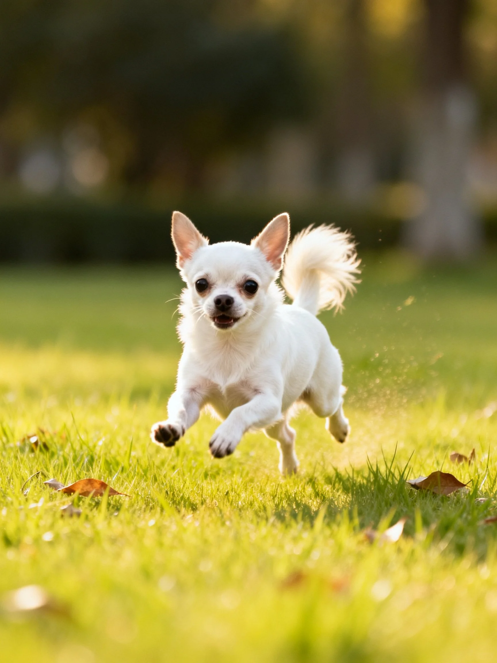 A small white dog runs energetically on sunlit grass