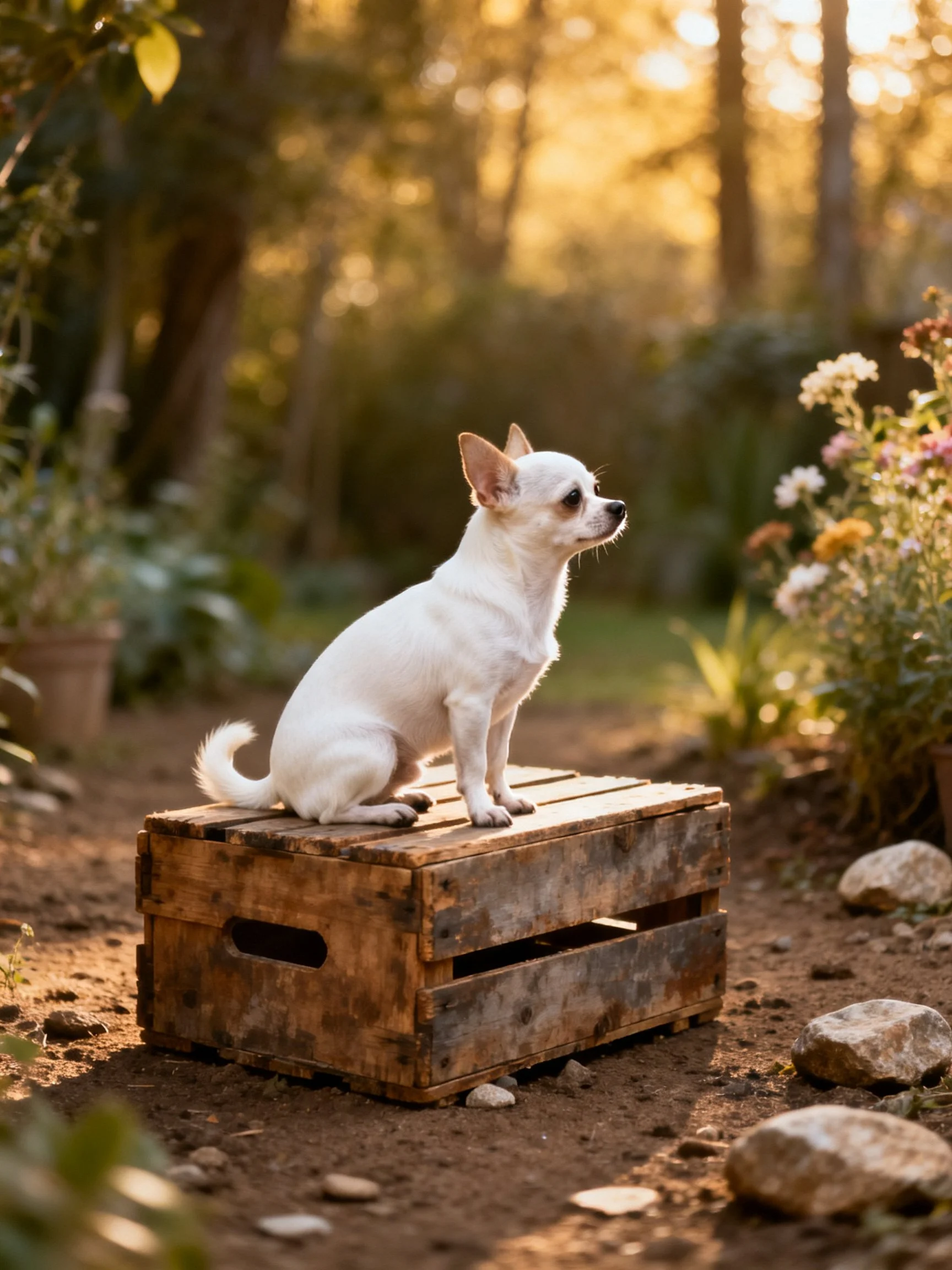 A small white dog sits on a wooden crate in a sunlit garden environment.