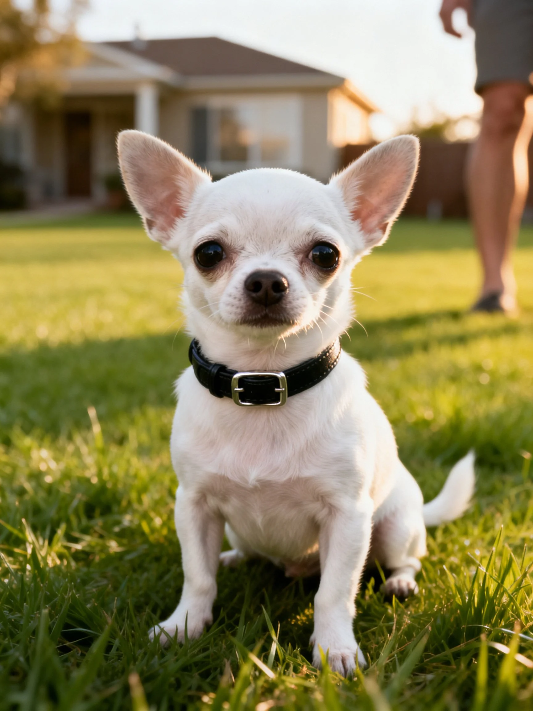 A small white Chihuahua sits calmly on green grass in a residential setting