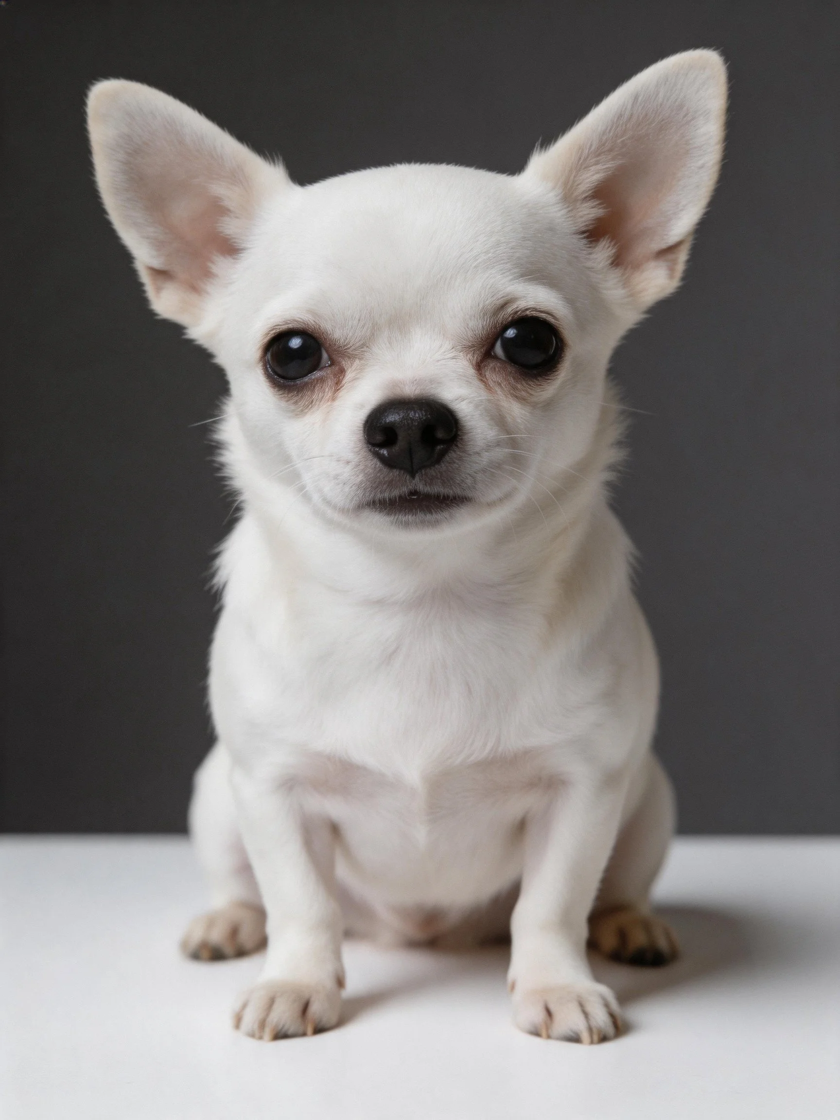A small white Chihuahua sits calmly on a white surface with a dark gray background.
