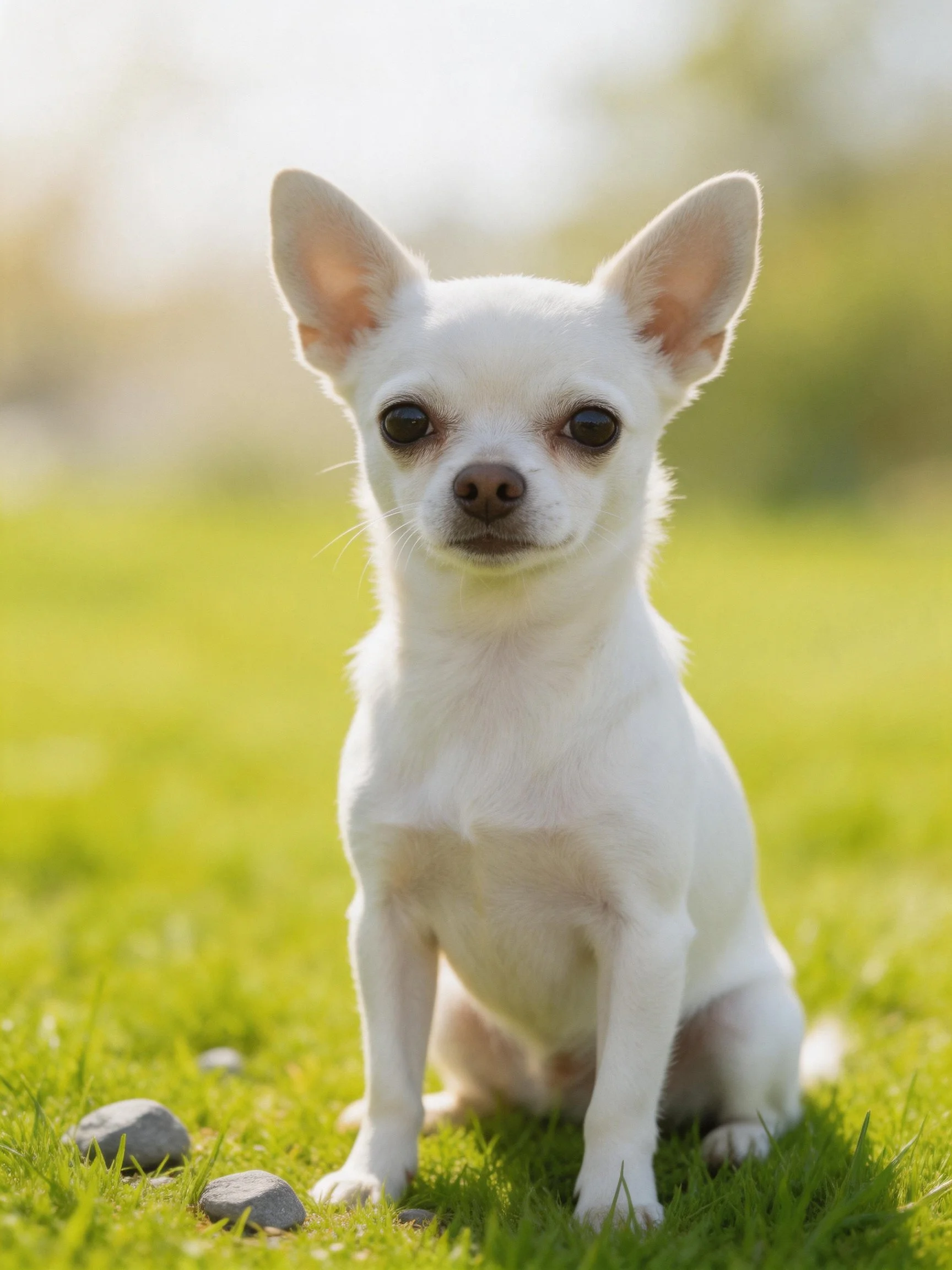 A small white Chihuahua sits calmly on bright green grass outdoors.