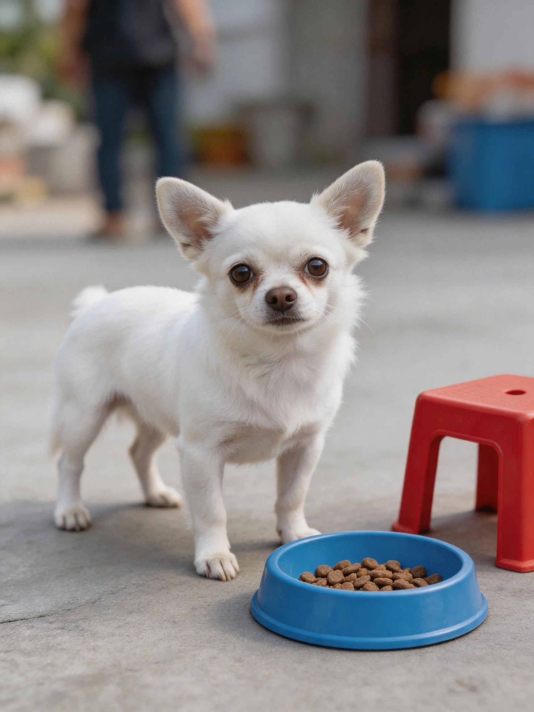A small white Chihuahua stands near a blue food bowl and red stool outdoors.