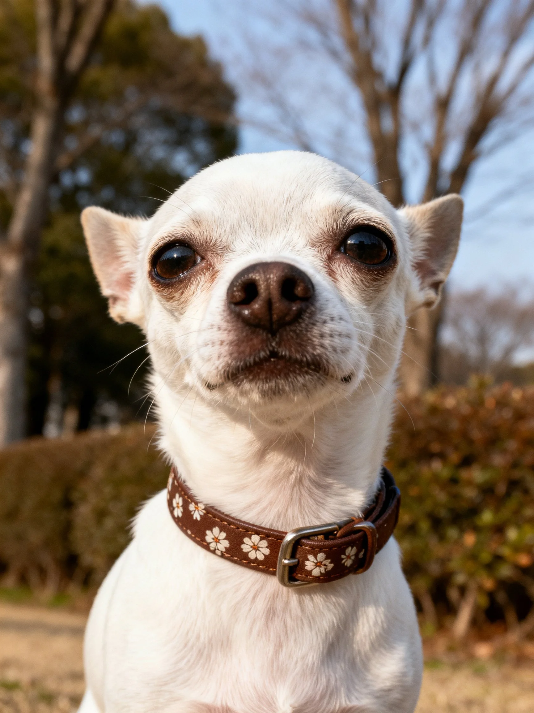 A small white Chihuahua wears a floral collar while standing outdoors.