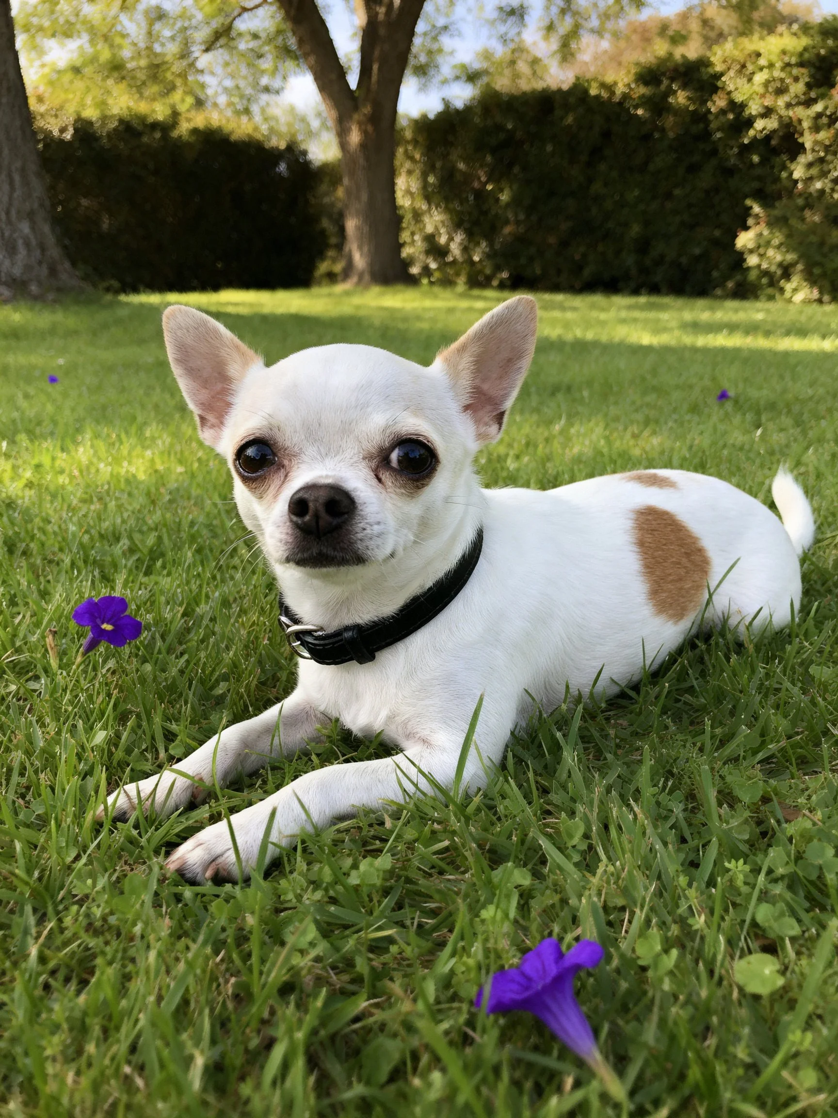 A small white Chihuahua with brown patches relaxes on green grass near purple flowers.