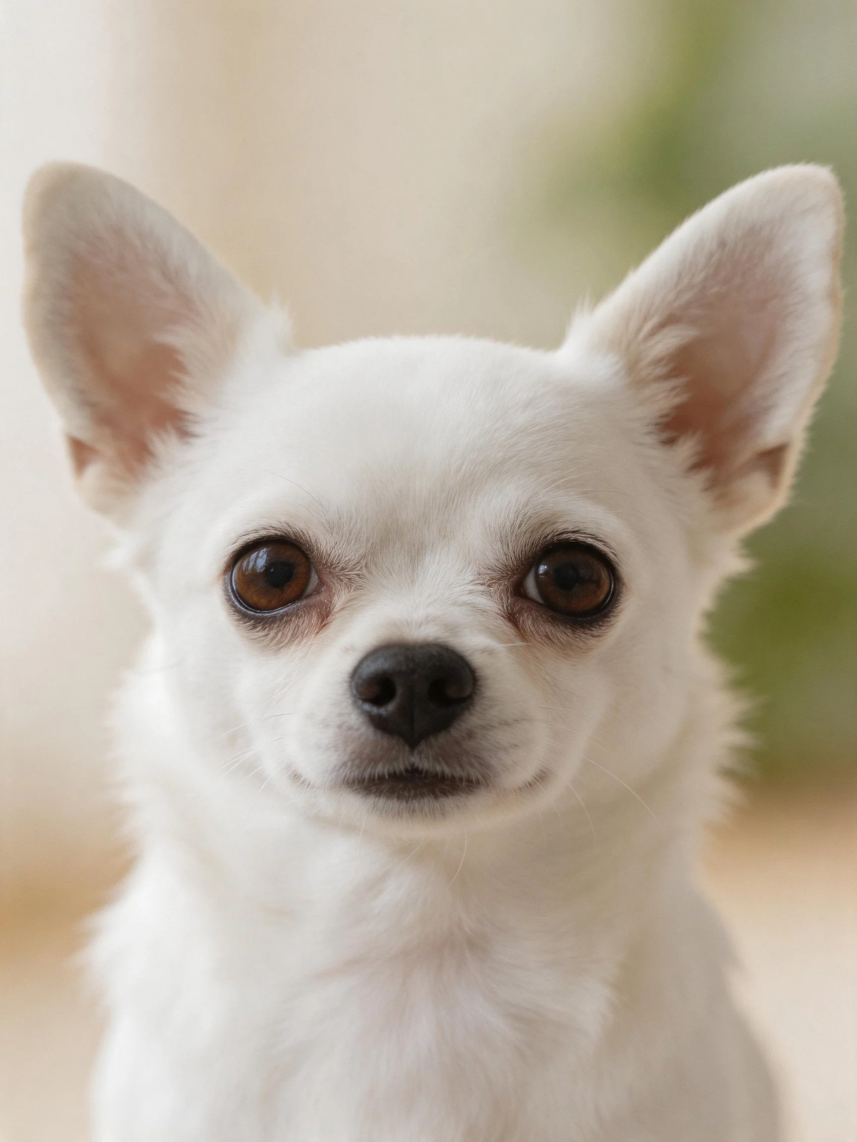 A small white Chihuahua gazes directly at the viewer.