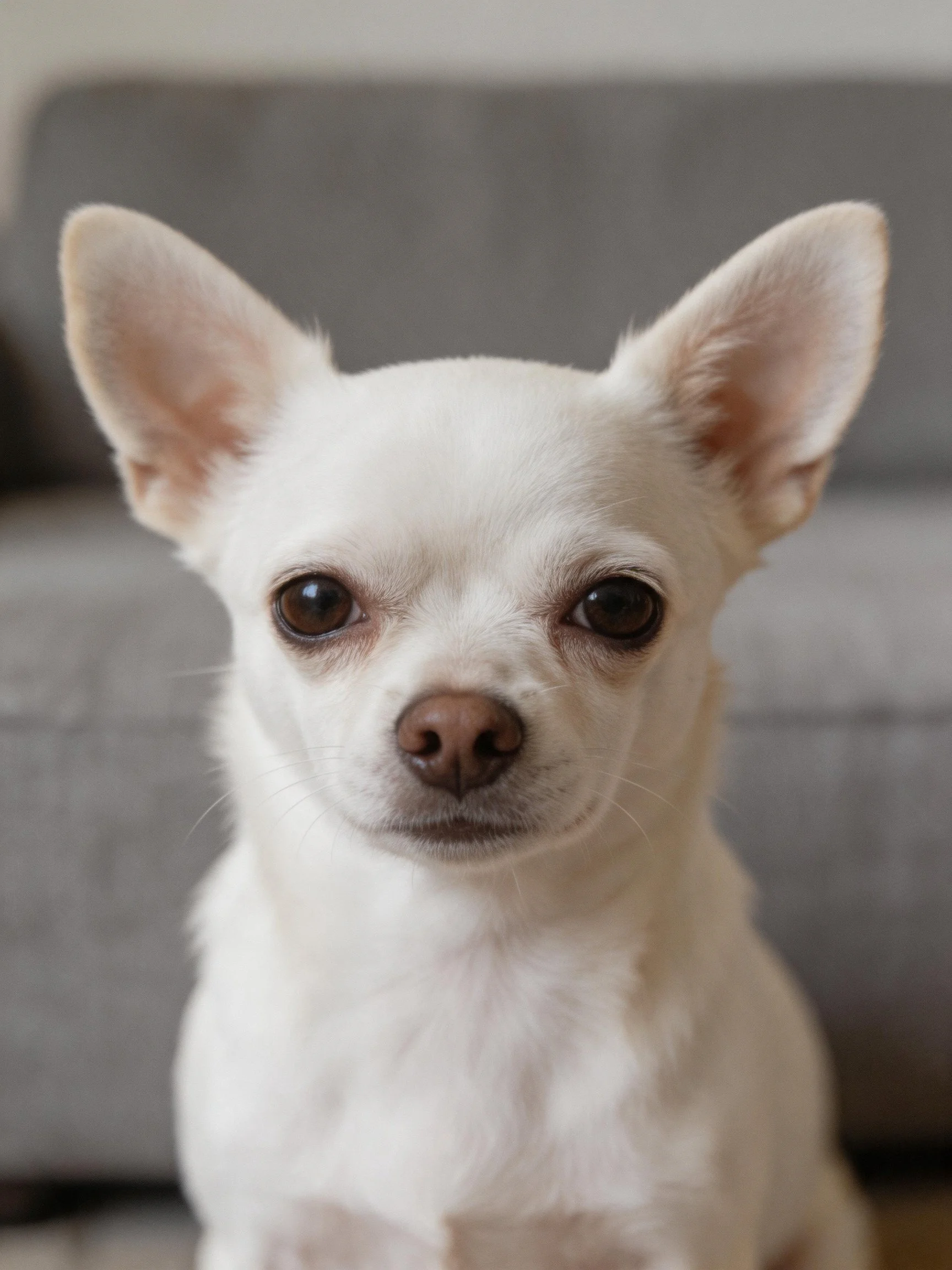 A small white Chihuahua sits calmly beside a gray couch.