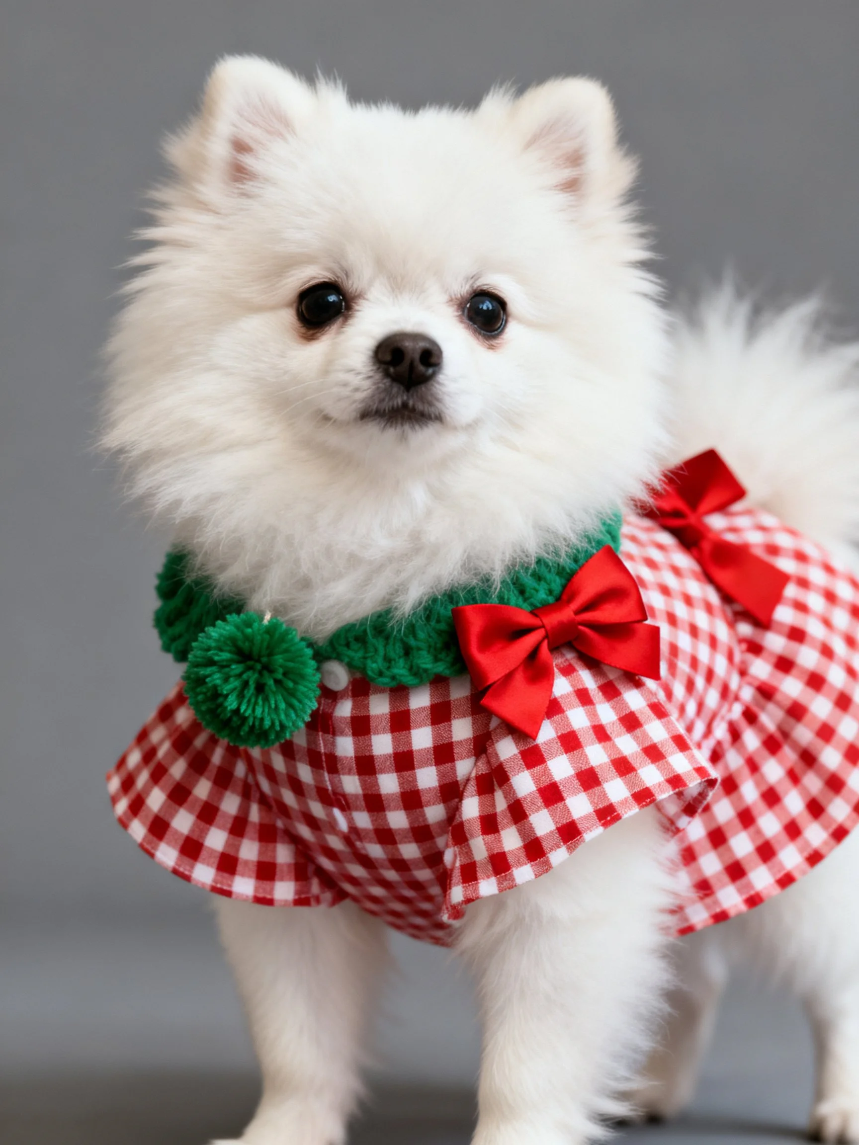 A small white Pomeranian stands adorned in a festive red and white checkered dress with green trim.