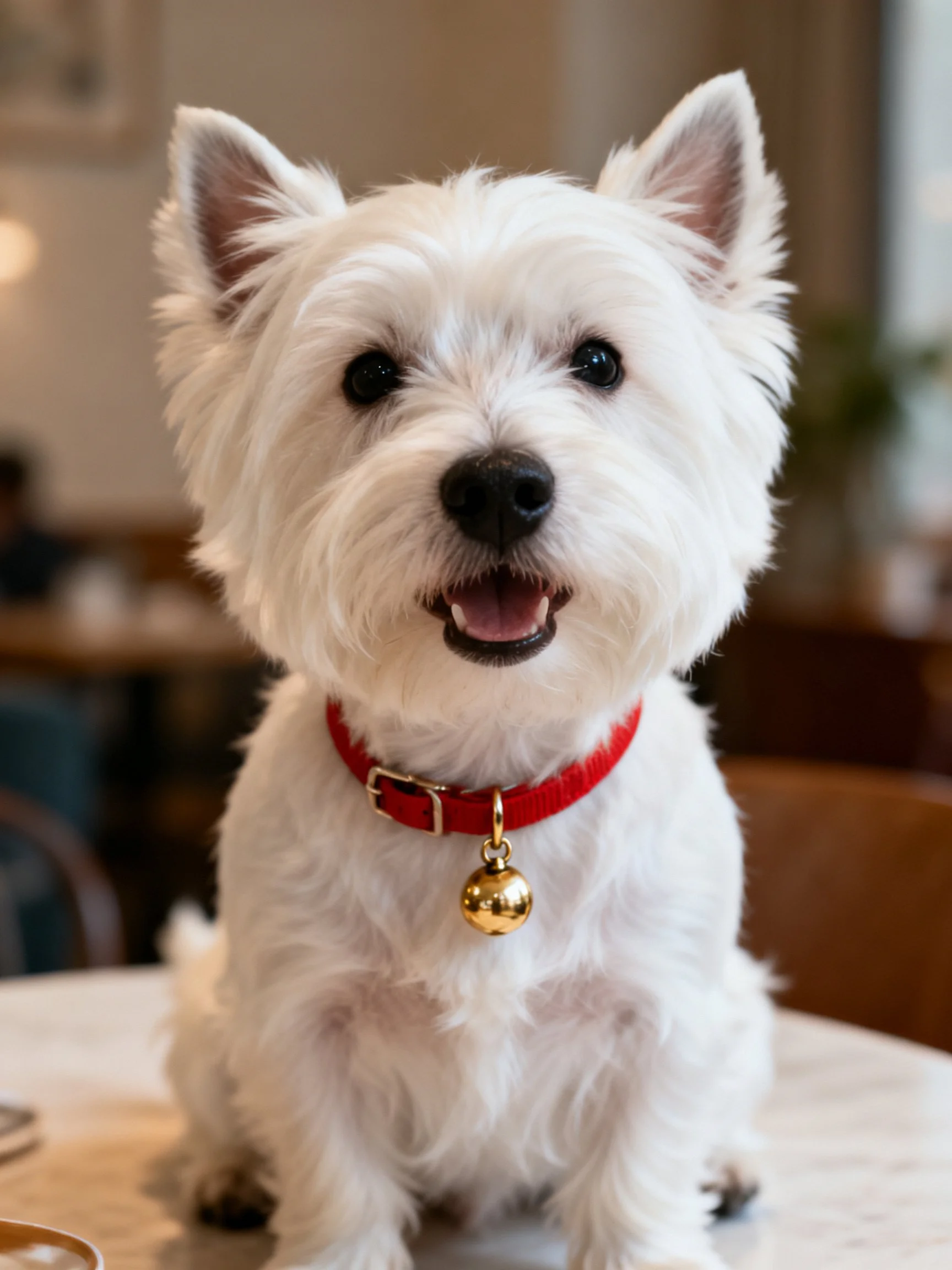 A small white West Highland Terrier with a red collar
